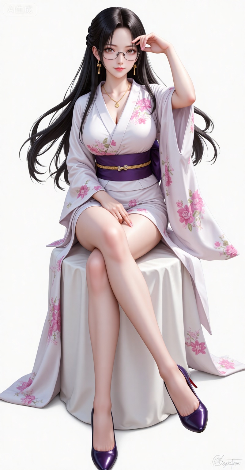 dasiqi,long hair,braid,earrings,glasses,brown eyes,large breasts,black hair,necklace,
1girl,solo,high heels,sitting,kimono,japanese clothes,crossed legs,sash,purple sash,full body,smile,looking at viewer,hand on own face,floral print,obi,stool,head rest,copyright name,simple background,legs,purple footwear,cover,jewelry,floating hair,


lvjing,lvjing,baoshi