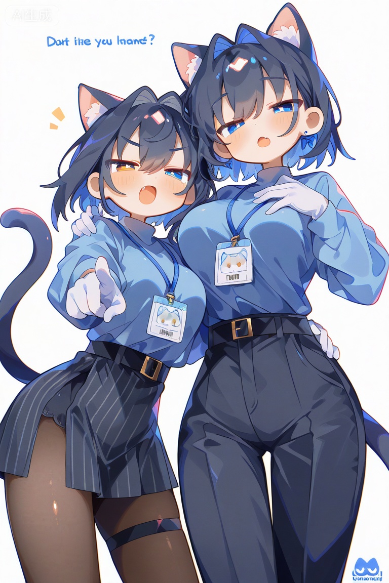 masterpiece, best quality, amazing quality, very aesthetic, absurdres, newest, chromatic aberration, light, subsurface scattering,glowing tattoo,uenomigi,2girls, animal ear fluff, animal ears, belt, black belt, black hair, black pants, black skirt, blue hair, blue shirt, brown pantyhose, cat ears, cat girl, cat tail, double-parted bangs, earrings, english text, fang, gloves, hair between eyes, hair intakes, hand on another's shoulder, heterochromia, jewelry, kemonomimi mode, lanyard, long sleeves, multicolored hair, multiple girls, open mouth, pants, pantyhose, pinstripe pattern, pointing, pointing at viewer, shirt, simple background, skirt, sleeves past wrists, striped clothes, striped skirt, tail, thigh strap, turtleneck, two-tone hair, vertical-striped clothes, vertical-striped skirt, virtual youtuber, white background, white gloves, kroma (ouro kronii), ouro kronii, ouro kronii (4th costume)