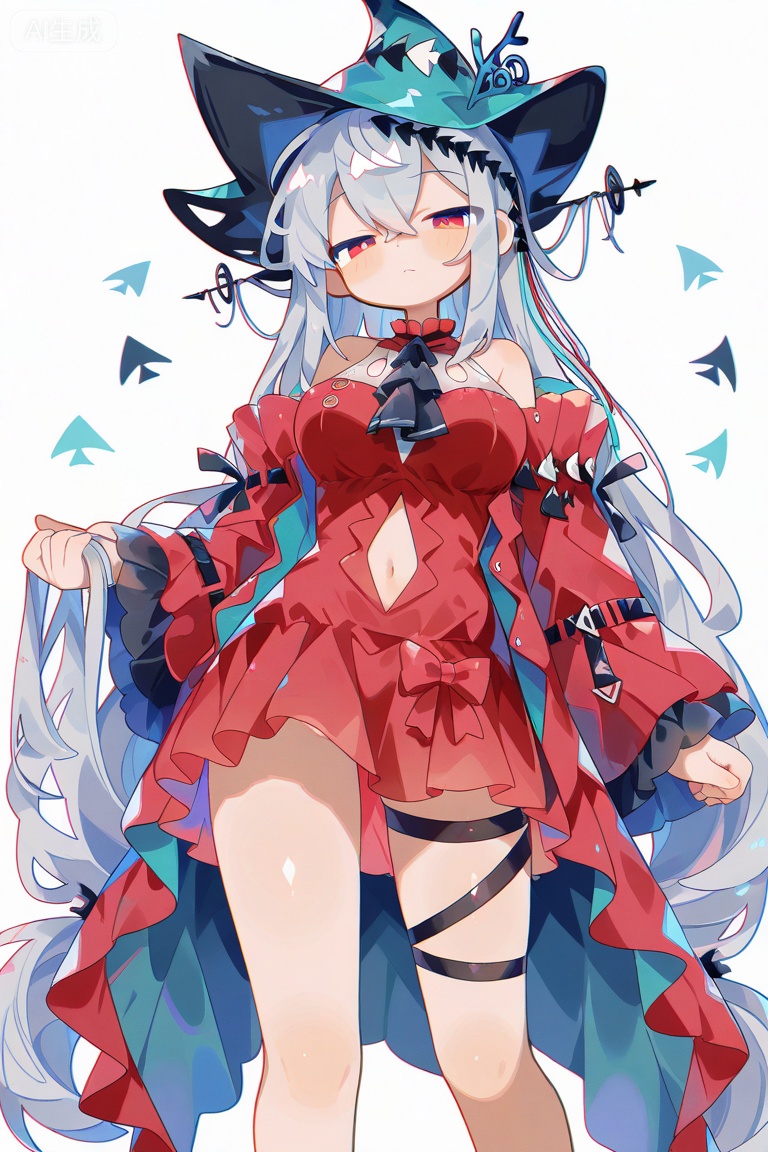 masterpiece, best quality, amazing quality, very aesthetic, absurdres, newest, chromatic aberration, light, subsurface scattering,glowing tattoo,uenomigi,1girl, ascot, bare shoulders, black ascot, black hat, closed mouth, clothing cutout, crossed bangs, dress, feet out of frame, green hat, grey hair, hair between eyes, hat, holding, holding own hair, long hair, looking at viewer, navel, navel cutout, red dress, red eyes, simple background, solo, split mouth, standing, thigh strap, two-sided fabric, two-sided headwear, very long hair, white background, skadi (arknights), skadi the corrupting heart (arknights)