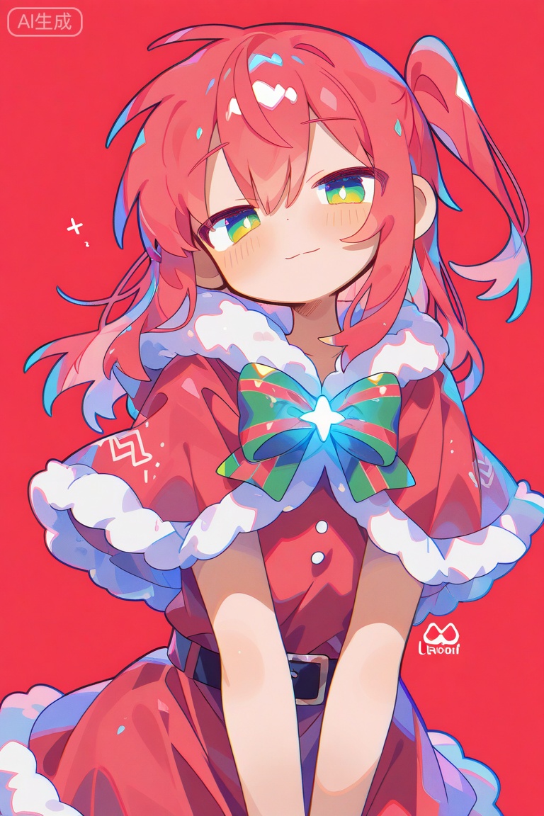 masterpiece, best quality, amazing quality, very aesthetic, absurdres, newest, chromatic aberration, light, subsurface scattering,glowing tattoo,uenomigi,1girl, capelet, dress, fur-trimmed capelet, fur-trimmed dress, fur trim, green eyes, light smile, long hair, looking at viewer, red background, red capelet, red hair, santa costume, santa dress, simple background, solo, kita ikuyo