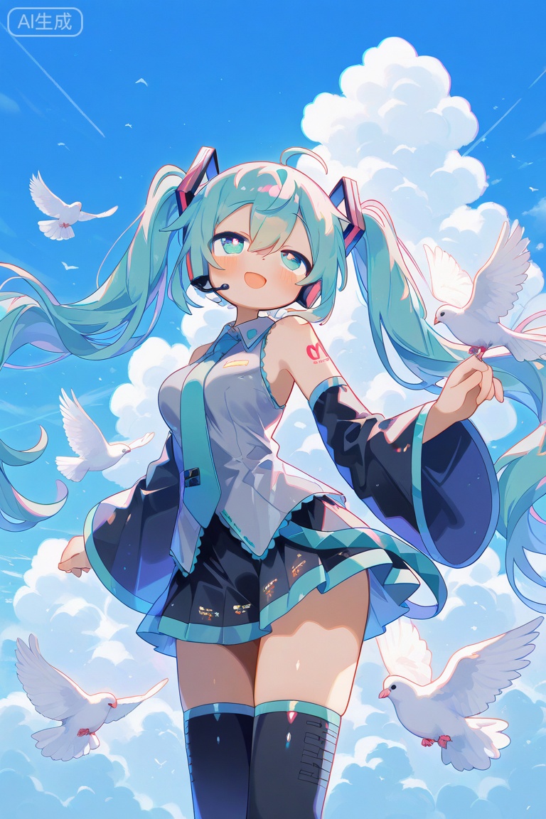 masterpiece, best quality, amazing quality, very aesthetic, absurdres, newest, chromatic aberration, light, subsurface scattering,glowing tattoo,uenomigi,1girl, ahoge, aqua eyes, aqua hair, aqua necktie, aqua trim, arm tattoo, bird, black skirt, blush, boots, breasts, cloud, collared shirt, detached sleeves, dove, floating, floating hair, grey shirt, hair between eyes, hair ornament, headphones, headset, long hair, long sleeves, looking at another, looking up, medium breasts, necktie, number tattoo, open mouth, pleated skirt, shirt, skirt, sleeveless, sleeveless shirt, smile, solo, tattoo, thigh boots, thighhighs, twintails, very long hair, white bird, wide sleeves, yuzukinekoneko, zettai ryouiki, hatsune miku