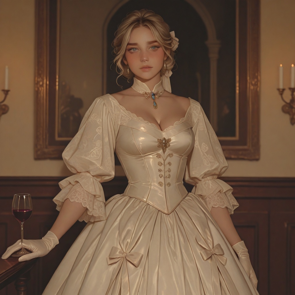 Dramatic and cinematic photo. full height image. In a palace room,  a beautiful woman in a satin victorian gown. She has a...