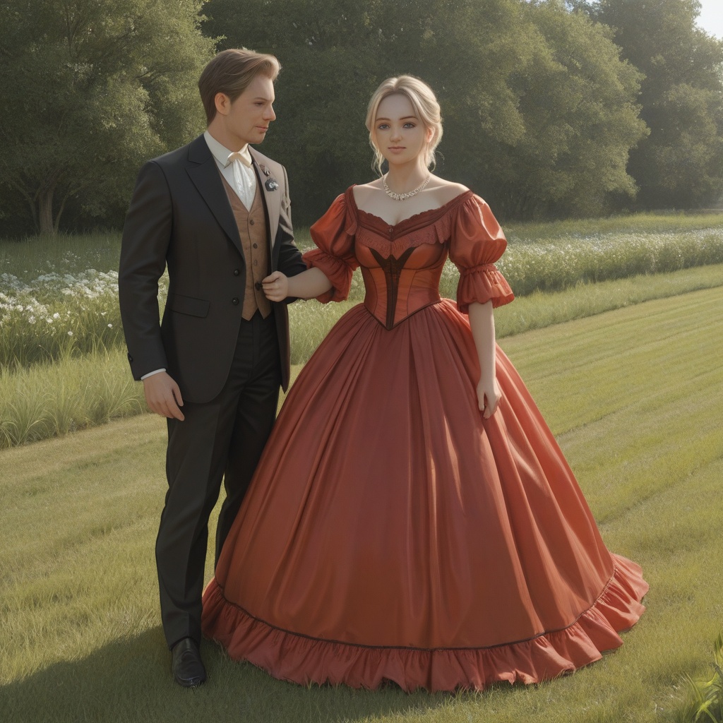 Dramatic and cinematic photo. fine detail. ((full height image)). In a sunny garden,  a beautiful woman in a red satin vic...