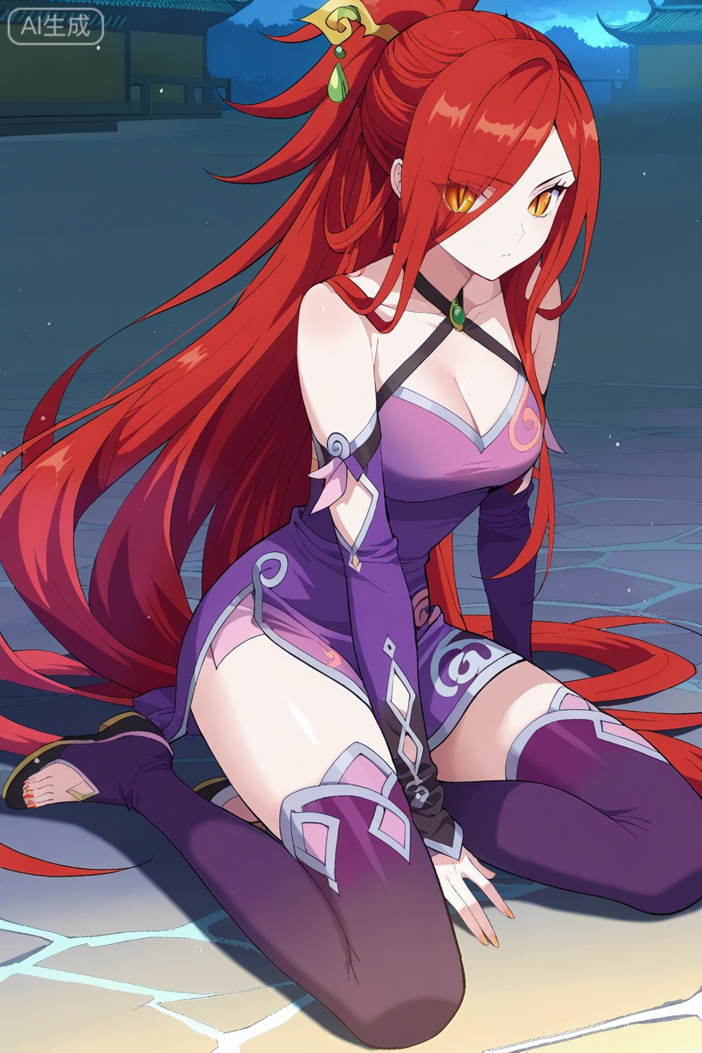 彩灵,masterpiece,best quality,official art,extremely detailed CG unity 8k wallpaper,1girl, solo, slit pupils, yellow eyes, orange eyes, very long hair, red hair, ponytail, hair over one eye, eyes visible through hair,purple dress, detached sleeves, purple thighhighs, toeless legwear, bare shoulders, cleavage, criss-cross halter, collarbone,chinese clothes, dress, detached sleeves, bare shoulders, hair ornament, purple thighhighs, purple boots