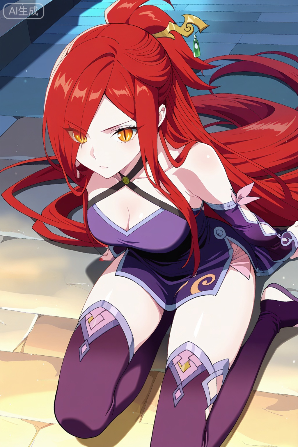 彩灵,masterpiece,best quality,official art,extremely detailed CG unity 8k wallpaper,1girl, solo, slit pupils, yellow eyes, orange eyes, very long hair, red hair, ponytail, hair over one eye, eyes visible through hair,purple dress, detached sleeves, purple thighhighs, toeless legwear, bare shoulders, cleavage, criss-cross halter, collarbone,chinese clothes, dress, detached sleeves, bare shoulders, hair ornament, purple thighhighs, purple boots