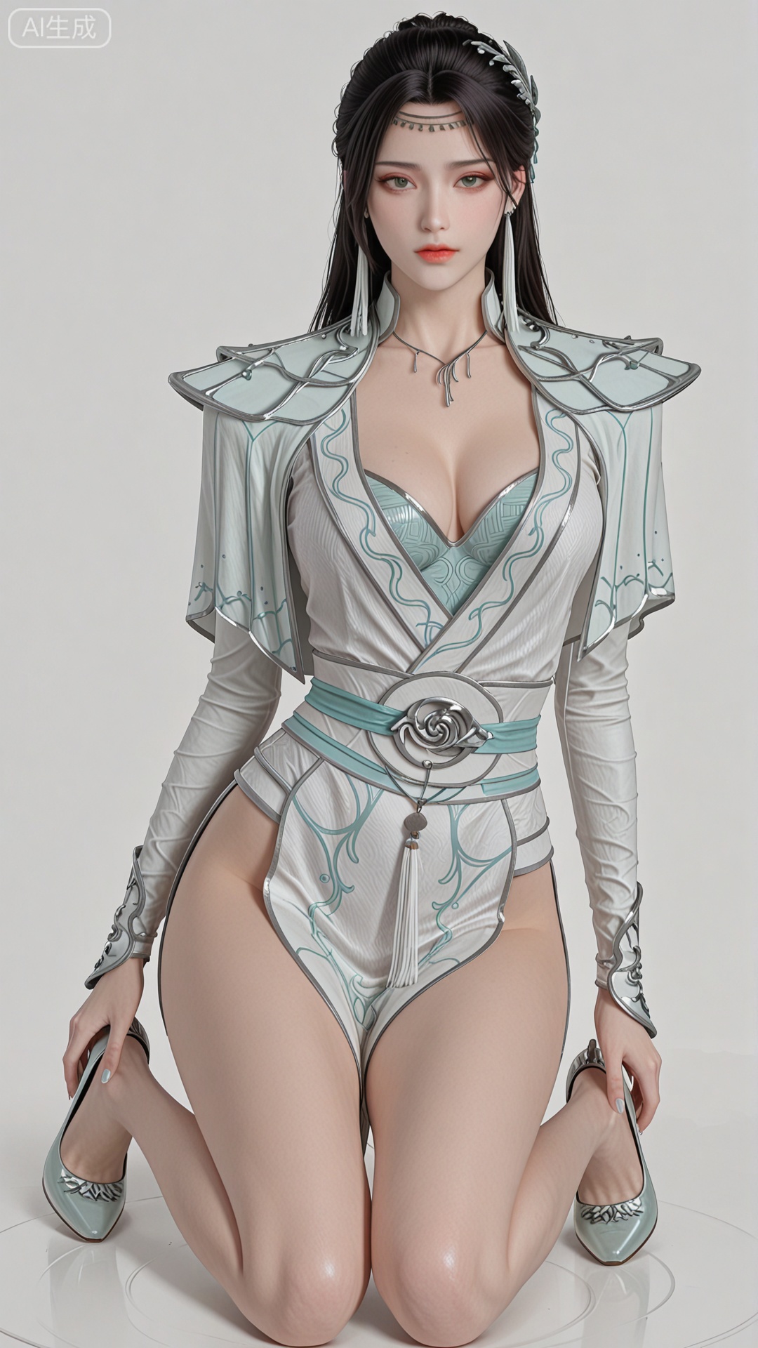 YY clothes, solo, exquisite skin, shoes, looking at viewer, even illumination, very awa, simple background,