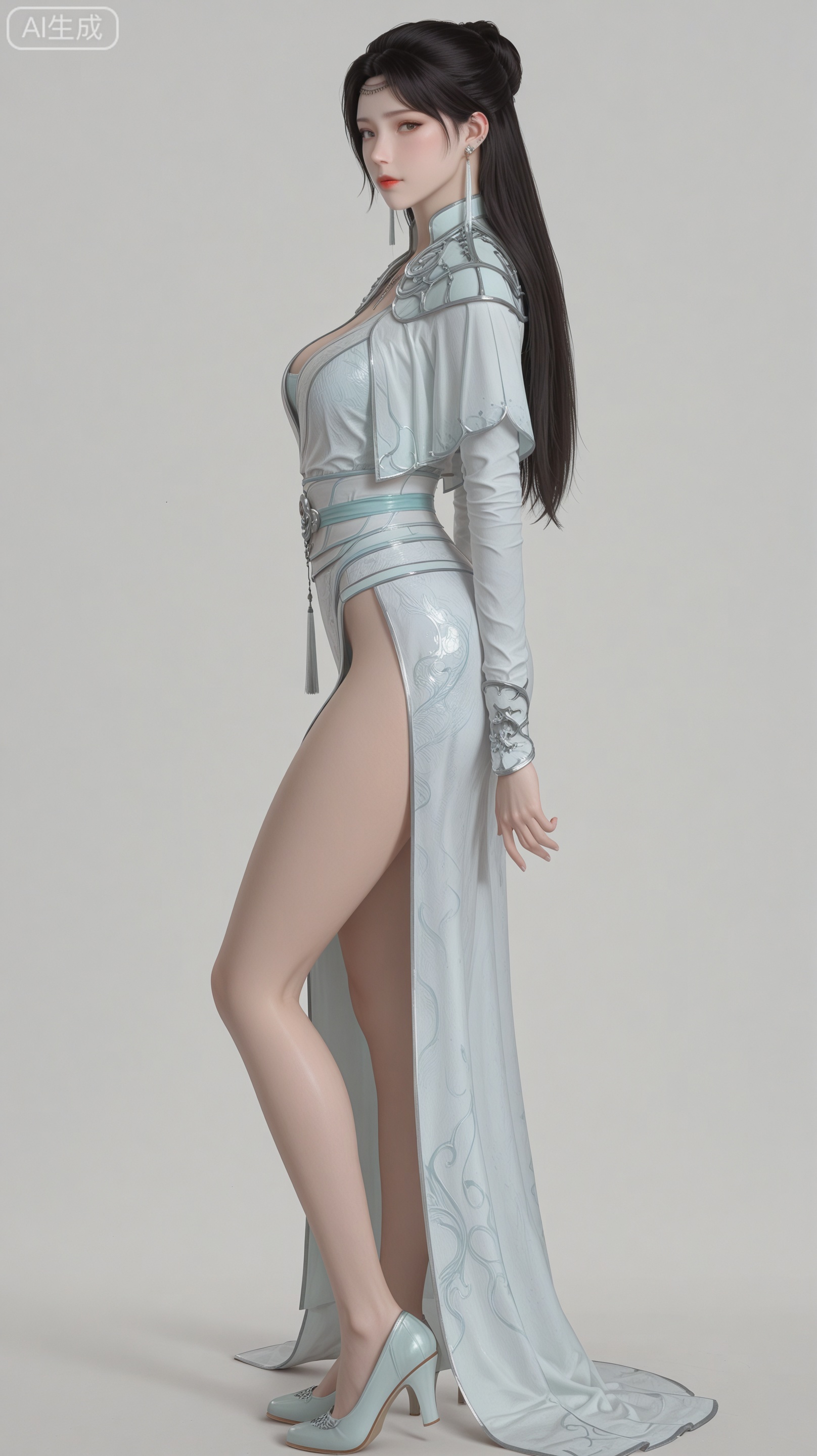 YY clothes, solo, exquisite skin, from_side, shoes, looking at viewer, even illumination, very awa, simple background,