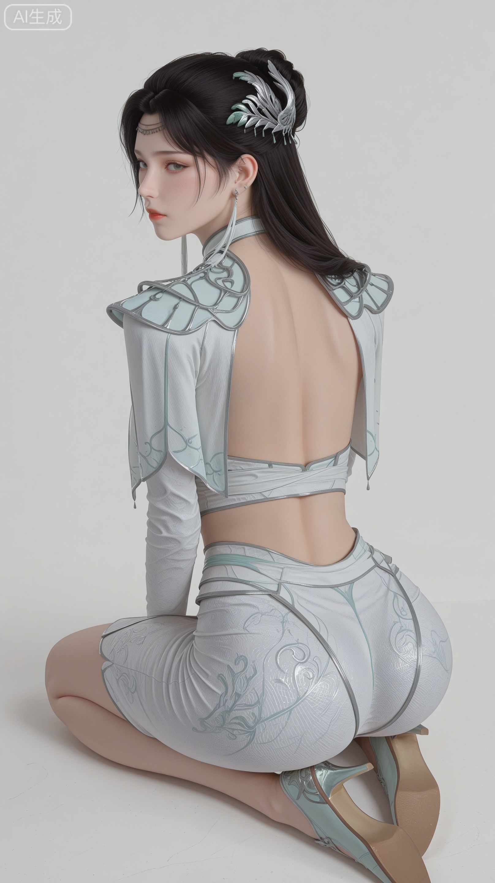 YY clothes, solo, exquisite skin, back, shoes, looking at viewer, even illumination, very awa, simple background,