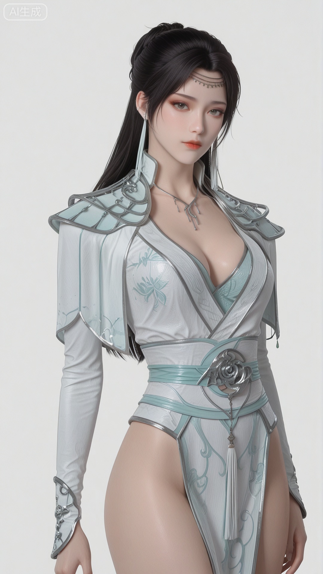 YY clothes, solo, exquisite skin, cowboy_shot, looking at viewer, even illumination, very awa, simple background,