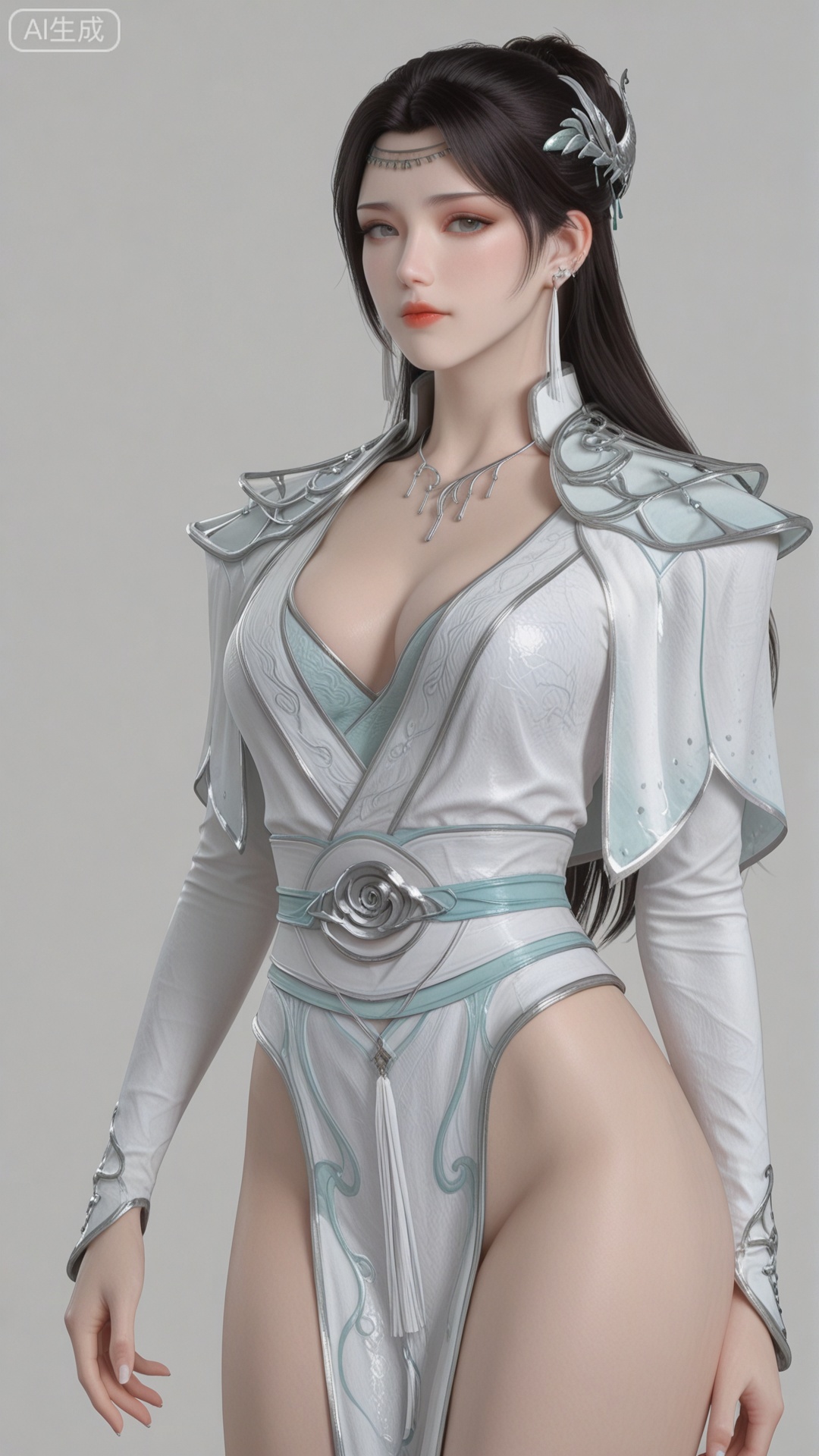 YY clothes, solo, exquisite skin, cowboy_shot, looking at viewer, even illumination, very awa, simple background,