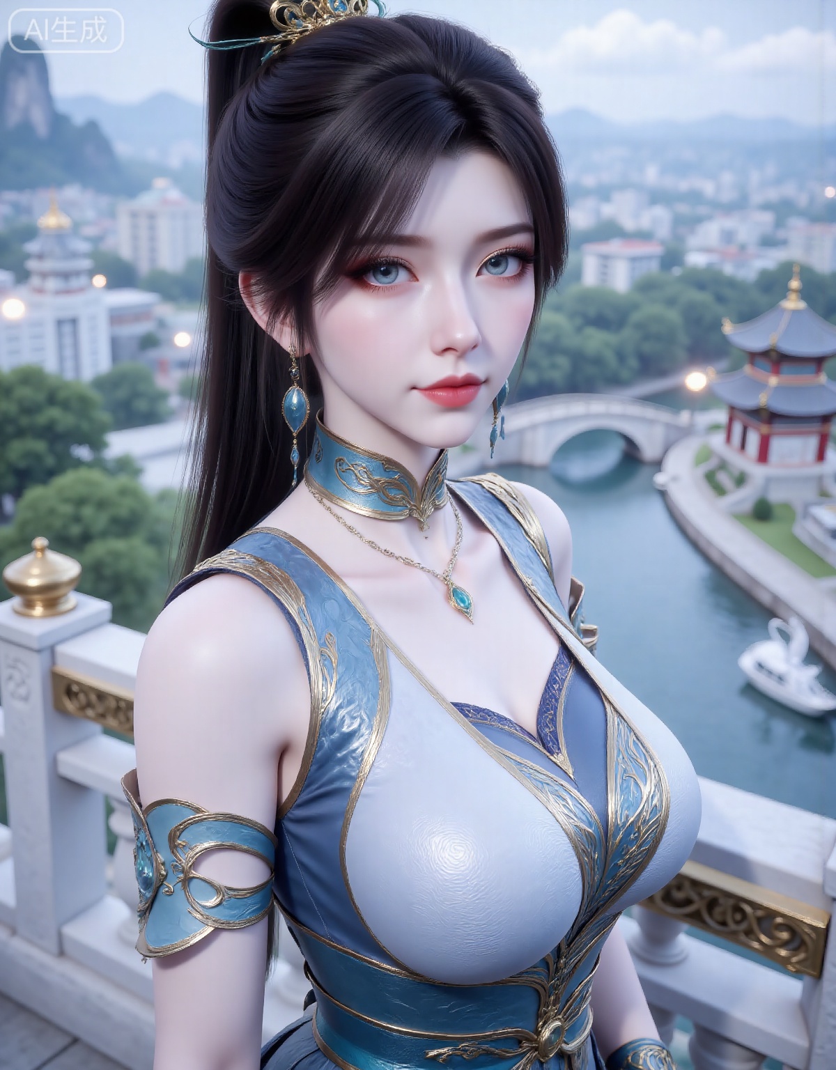 1girl, solo, looking at viewer, blue eyes, brown hair, black hair, hair ornament, dress, jewelry, earrings, outdoors, necklace, hair bun, blue dress, single hair bun, railing