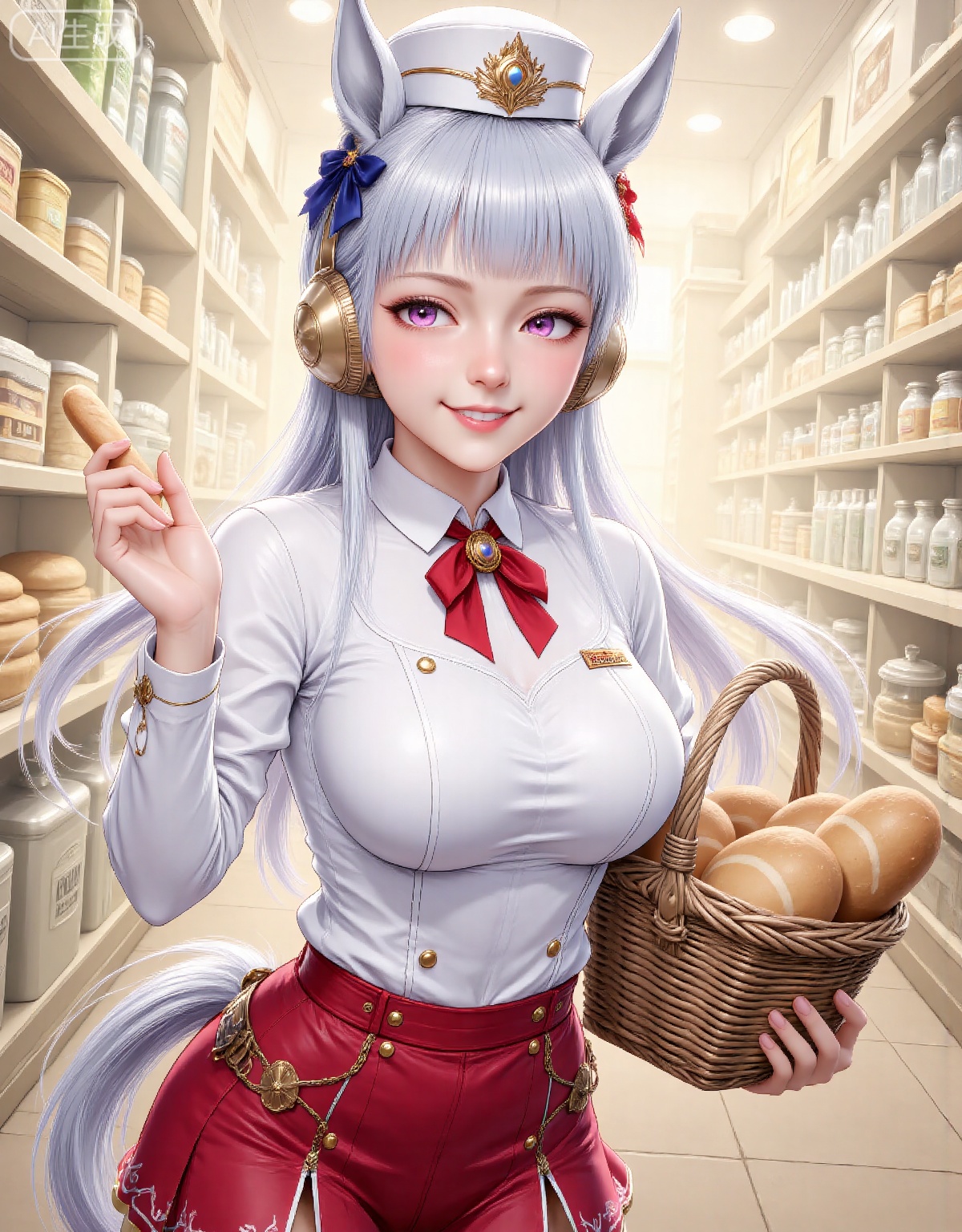 1girl, solo, long hair, breasts, looking at viewer, blush, smile, bangs, skirt, hat, holding, animal ears, purple eyes, tail, white hair, grey hair, cowboy shot, pleated skirt, food, indoors, blunt bangs, grin, neckerchief, buttons, red skirt, white headwear, horse ears, horse girl, red neckerchief, horse tail, basket, bread, shop, chef hat, holding basket, chef, pillbox hat, gold ship \(umamusume\)