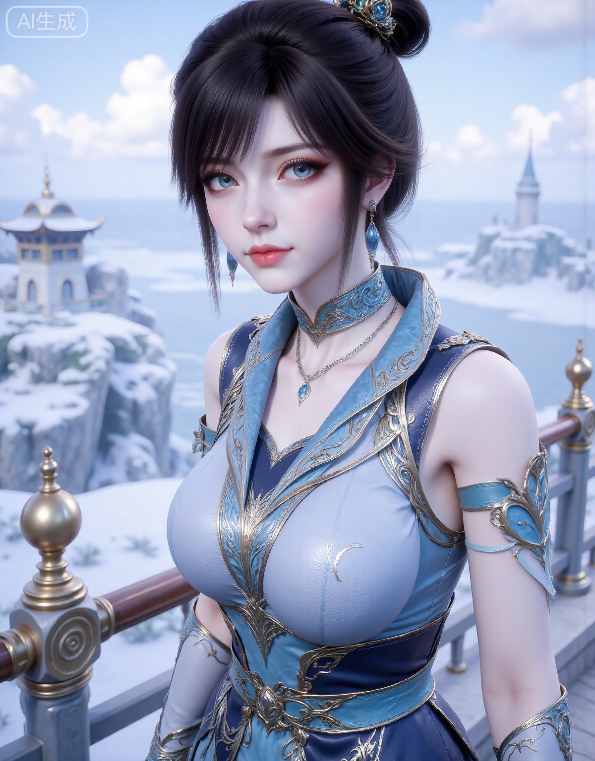 1girl, solo, looking at viewer, blue eyes, brown hair, black hair, hair ornament, dress, jewelry, earrings, outdoors, necklace, hair bun, blue dress, single hair bun, railing