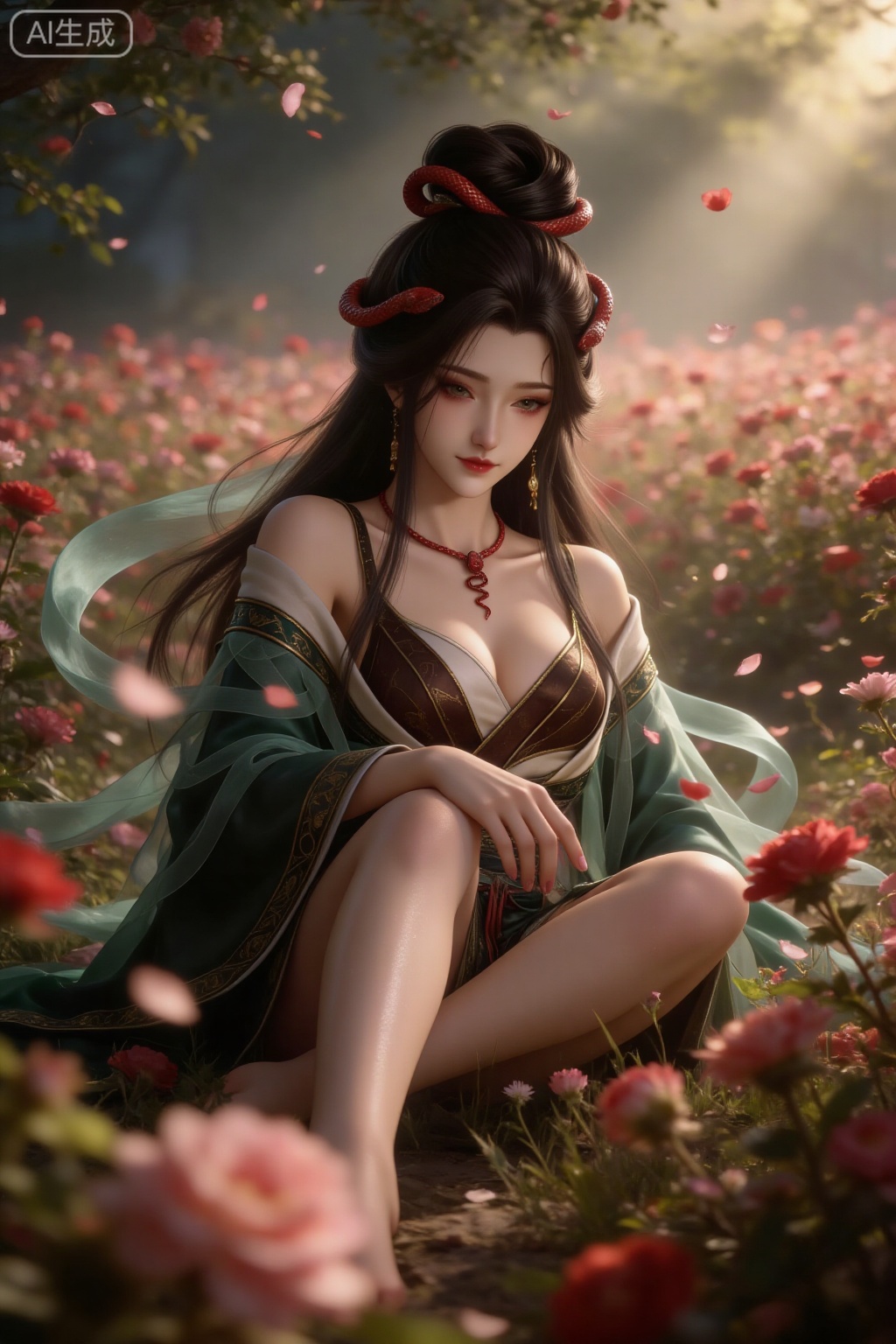 1 girl, solo, with long black hair in a bun, decorated with red snake-shaped hair accessories (twirling and decorated with snake heads), charming face, slightly closed eyes, red eyeshadow at the end of the eyes, dark red lips, flushed cheeks, fair skin, red snake-shaped forehead Mark, wearing gold tassel earrings, a red snake-shaped necklace (snake head pendant), and a dark green and brown spliced ancient costume (outer dark green wide-sleeved gauze dress, gold pattern embroidery, inner brown tube top, white trim, deep V-neck design). The background is a gorgeous flower field, with petals gently dancing around the character. The character sits elegantly in the flower field, striking a dynamic pose and showing off her long legs. The picture has a sense of layering. Blurred flowers are used in the foreground to increase the layering. The petals are densely scattered and dynamic, and some have a smear effect, creating a quiet and fantastic atmosphere. The overall scene is filled with a sense of fantasy and tranquility.