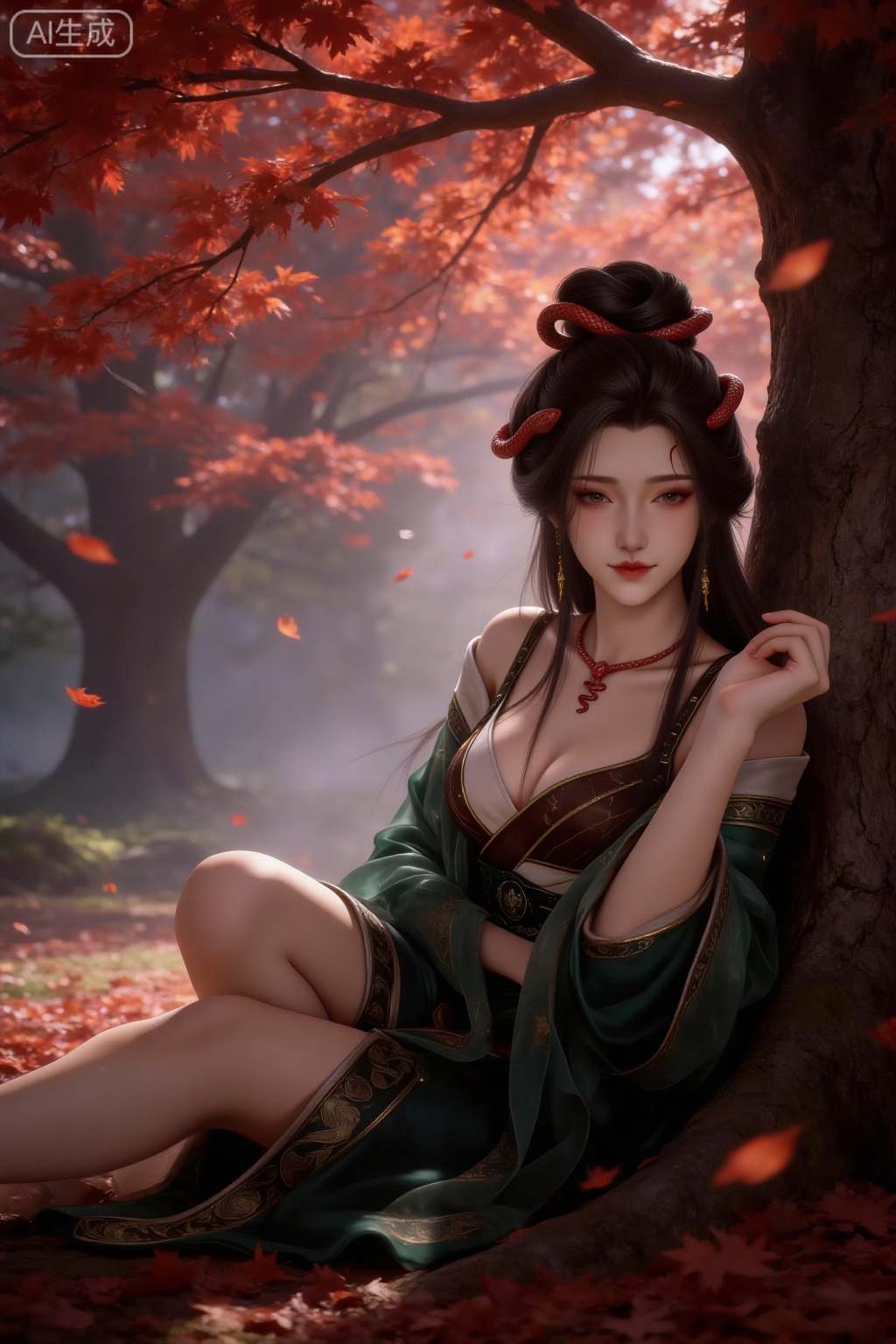 1 girl, solo, with long black hair in a bun decorated with red snake-shaped hair accessories (winding and decorated with snake heads), charming face, eyes slightly closed, red eyeshadow at the end of the eyes, dark red lips, flushed cheeks, fair skin, red snake-shaped mark on the forehead, wearing gold tassel earrings and a red snake-shaped necklace (snake head pendant), wearing dark green and brown ancient costume (outer layer of ink Green wide-sleeved gauze dress, gold pattern embroidery, inner brown tube top, white trim, deep V-neck design), the character is facing the camera, sitting under a tree, leaning against the tree trunk, leaning back slightly, revealing slender legs, dynamic posture, lazy and casual posture; the background is a huge red maple tree (the maple leaves are deep red, the branches are luxuriant, and some maple leaves are falling), and the ground is covered with red fallen leaves. In the distance are mist-filled woods, and you can vaguely see a huge red snake winding by, full of mystery and mythology; light and shadow: soft scattered light, highlighting the beauty of maple leaves and the hazy sense of fog, allowing the characters and realistic scenes to blend naturally; the overall atmosphere is tranquil and healing, full of the beauty of autumn Zen and the fusion of characters.