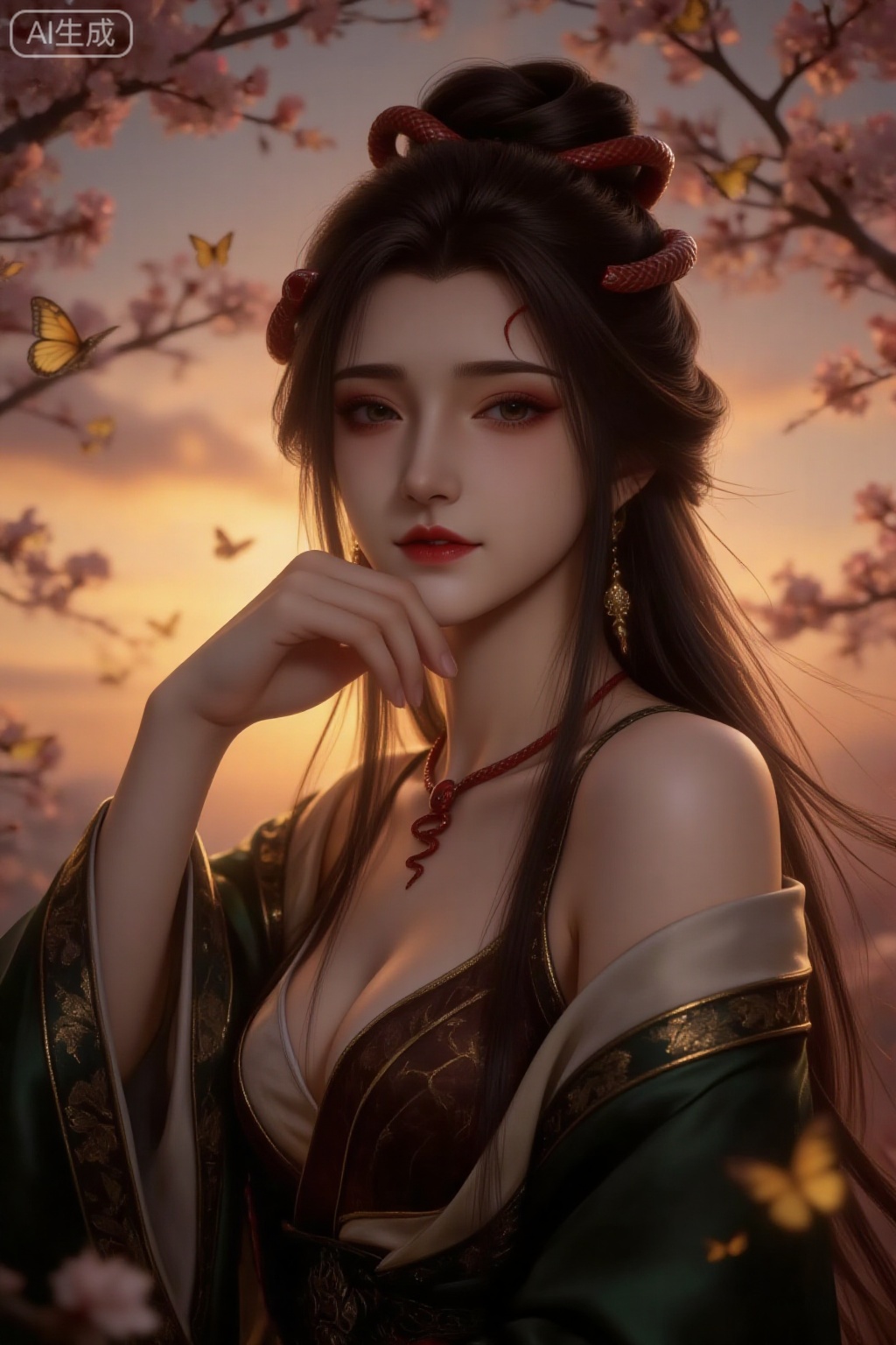 Close-up of an ancient woman, with long black hair in a bun, red snake-shaped hair accessories wrapped around the bun, eyes slightly closed, red eyeshadow at the end of the eyes, dark red lip color, flushed cheeks, red snake-shaped mark on the forehead, fair skin, gold tassel earrings, red snake-shaped necklace (snake head pendant), dark green wide-sleeved gauze Clothes (gold pattern embroidery), inner brown tube top (white trim, deep V-neck), right hand holding chin, elbow support, background is sunset, pink cherry blossom branches, flying yellow-brown and white butterflies, enchanting and gorgeous, classical charm, mysterious, exquisite details, rich layers of light and shadow.