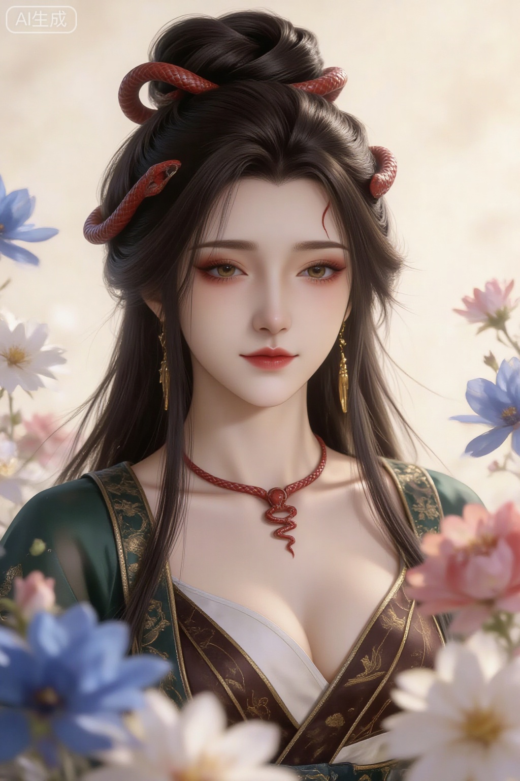 1 Girl, this is a traditional Japanese anime style digital illustration of an antique female close-up, with long black hair in a bun, red snake-shaped hair accessories wrapped around the bun, eyes slightly closed, red eye shadow at the end of the eyes, dark red lip color, blush on the cheeks, red snake-shaped mark on the forehead, fair skin, golden tassel earrings, red snake-shaped Necklace (snake head pendant), dark green wide-sleeved gauze dress (gold pattern embroidery), inner brown tube top (white trim, deep V-neck), red lips slightly parted, half-closed eyes staring gently at the viewer; she is surrounded by large areas of brightly colored flowers, in blue, pink, white and other colors, with a soft cream background.
