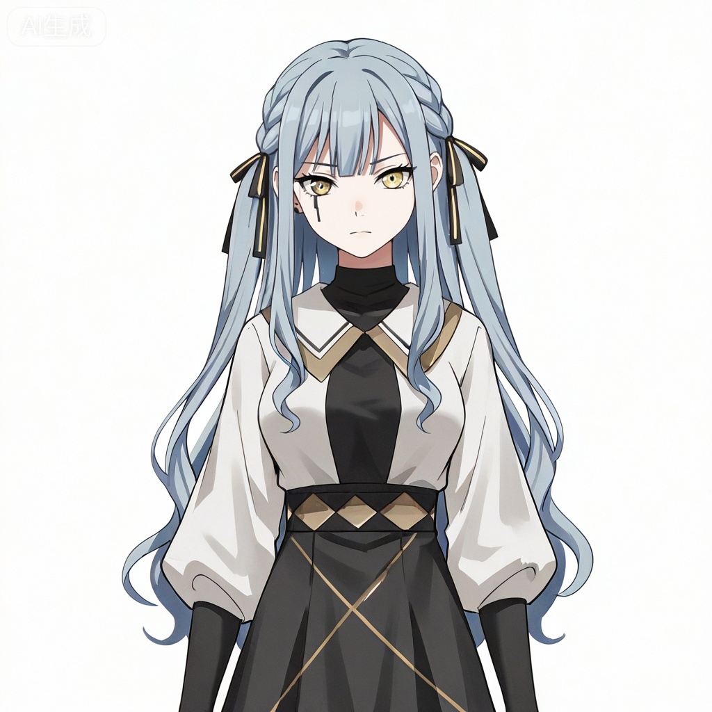 masterpiece, best quality,solo,white background,simple_background,togawa sakiko,cybersaki_style,bangs,ribbon,hair ribbon,black ribbon,two side up,braid,blue hair,grey hair,sidelocks,blunt bangs,heterochromia,yellow eyes,long hair,wavy hair,jewelry,white shirt,puffy sleeves,black skirt,high-waist skirt,black pantyhose,