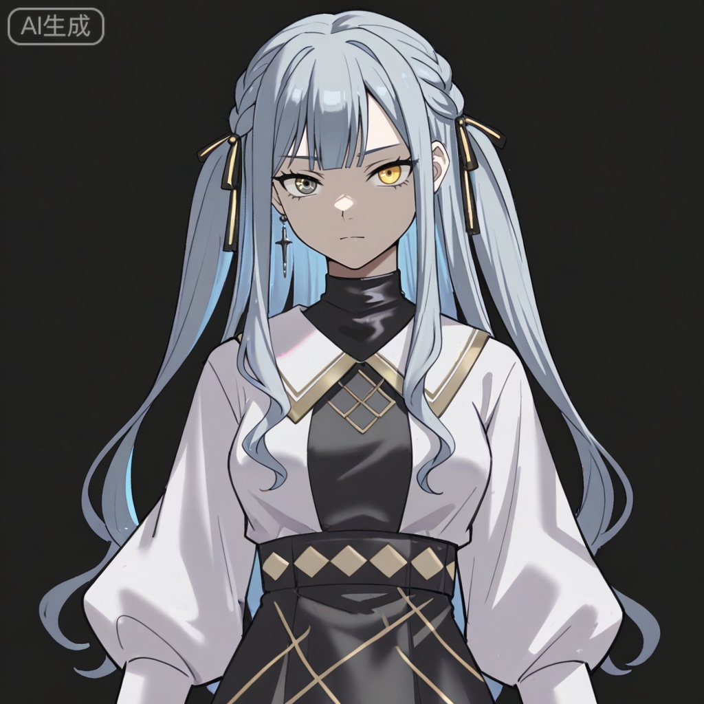 masterpiece, best quality,solo,white background,simple_background,togawa sakiko,cybersaki_style,bangs,ribbon,hair ribbon,black ribbon,two side up,braid,blue hair,grey hair,sidelocks,blunt bangs,heterochromia,yellow eyes,long hair,wavy hair,jewelry,white shirt,puffy sleeves,black skirt,high-waist skirt,black pantyhose,