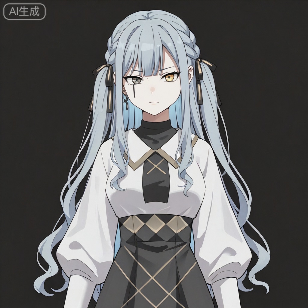 masterpiece, best quality,solo,white background,simple_background,togawa sakiko,cybersaki_style,bangs,ribbon,hair ribbon,black ribbon,two side up,braid,blue hair,grey hair,sidelocks,blunt bangs,heterochromia,yellow eyes,long hair,wavy hair,jewelry,white shirt,puffy sleeves,black skirt,high-waist skirt,black pantyhose,