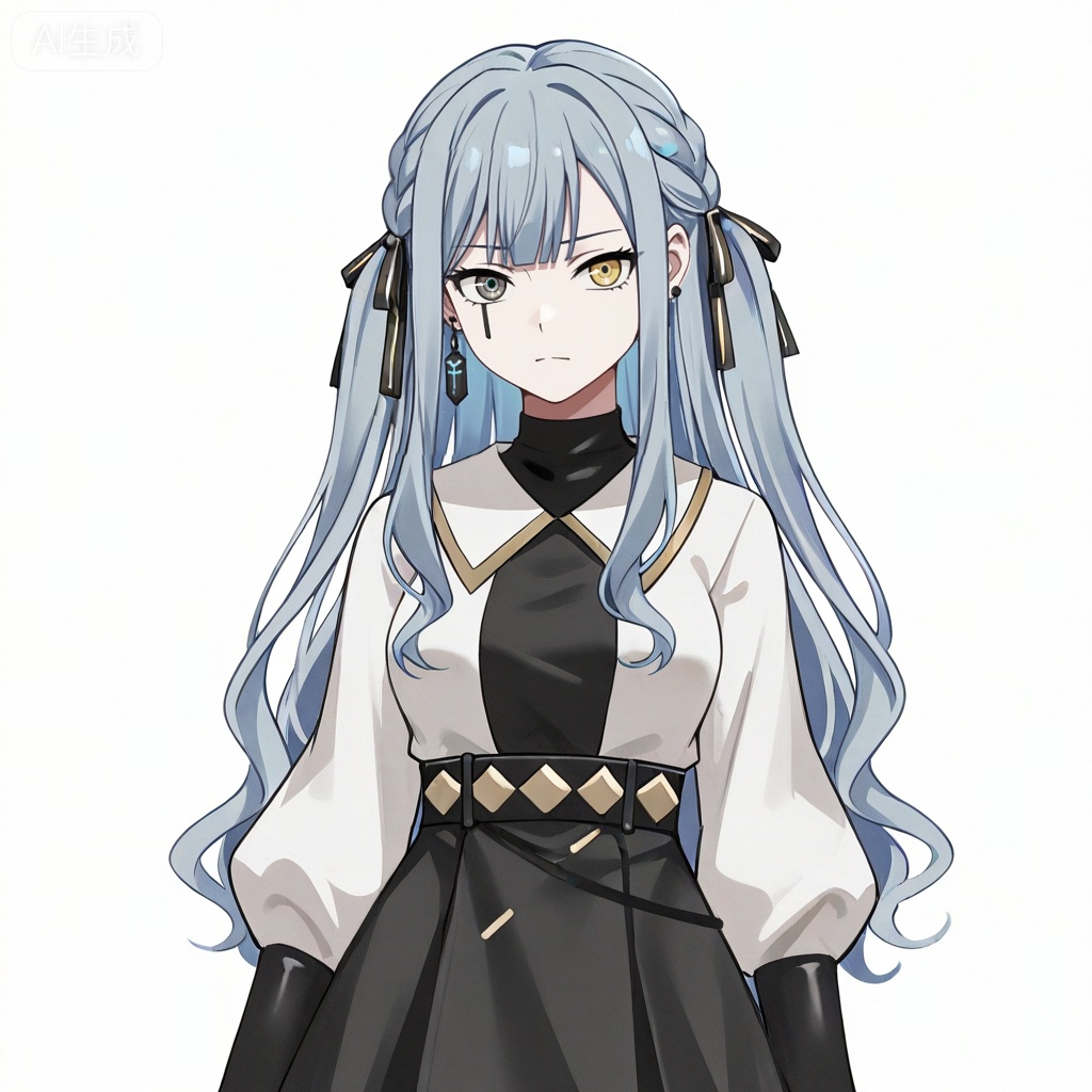 masterpiece, best quality,solo,white background,simple_background,togawa sakiko,cybersaki_style,bangs,ribbon,hair ribbon,black ribbon,two side up,braid,blue hair,grey hair,sidelocks,blunt bangs,heterochromia,yellow eyes,long hair,wavy hair,jewelry,white shirt,puffy sleeves,black skirt,high-waist skirt,black pantyhose,