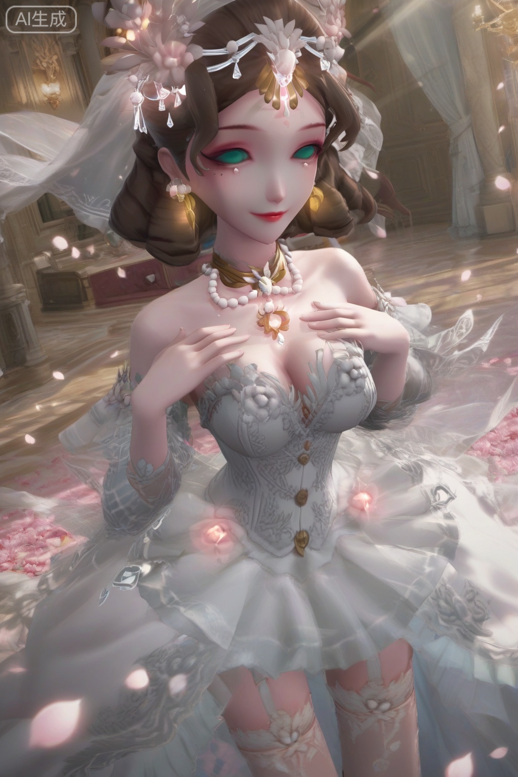 masterpiece, best quality, masterpiece,best quality,official art,extremely detailed CG unity 8k wallpaper,1girl,solo,looking at viewer,short hair,brown hair,hair ornament,bare shoulders,jewelry,green eyes,earrings,necklace,white dress,mole under eye,petals,wind,no pupils,breasts,lace,lace pantyhose,long legs,indoors,shiny,white skin,legwear garter,white garter,smile,medium breasts, cleavage,upper body,(against glass:1.2),wedding dress,hand on own chest, 