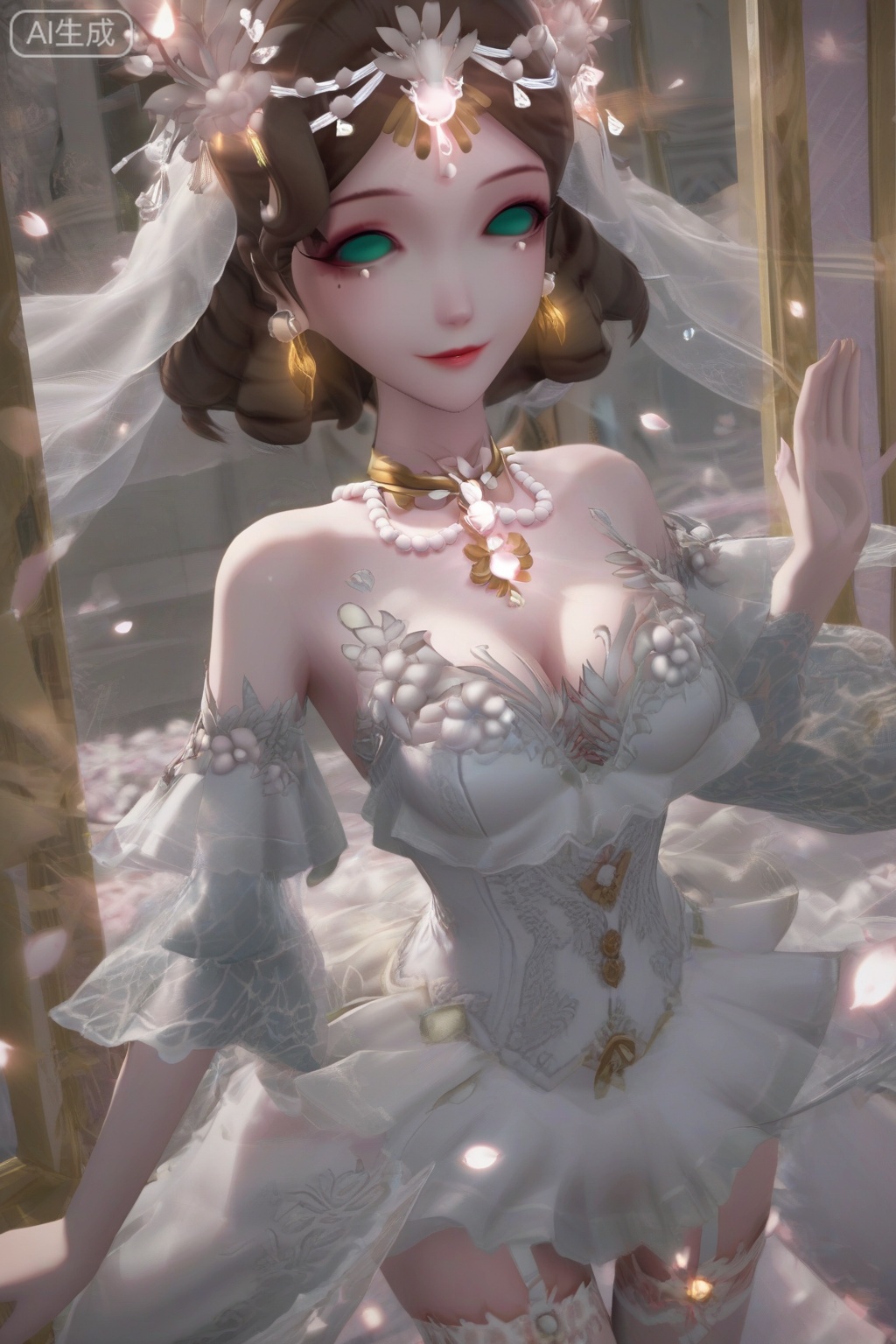 masterpiece, best quality, masterpiece,best quality,official art,extremely detailed CG unity 8k wallpaper,1girl,solo,looking at viewer,short hair,brown hair,hair ornament,bare shoulders,jewelry,green eyes,earrings,necklace,white dress,mole under eye,petals,wind,no pupils,breasts,lace,lace pantyhose,long legs,indoors,shiny,white skin,legwear garter,white garter,smile,medium breasts, cleavage,upper body,(against glass:1.2),