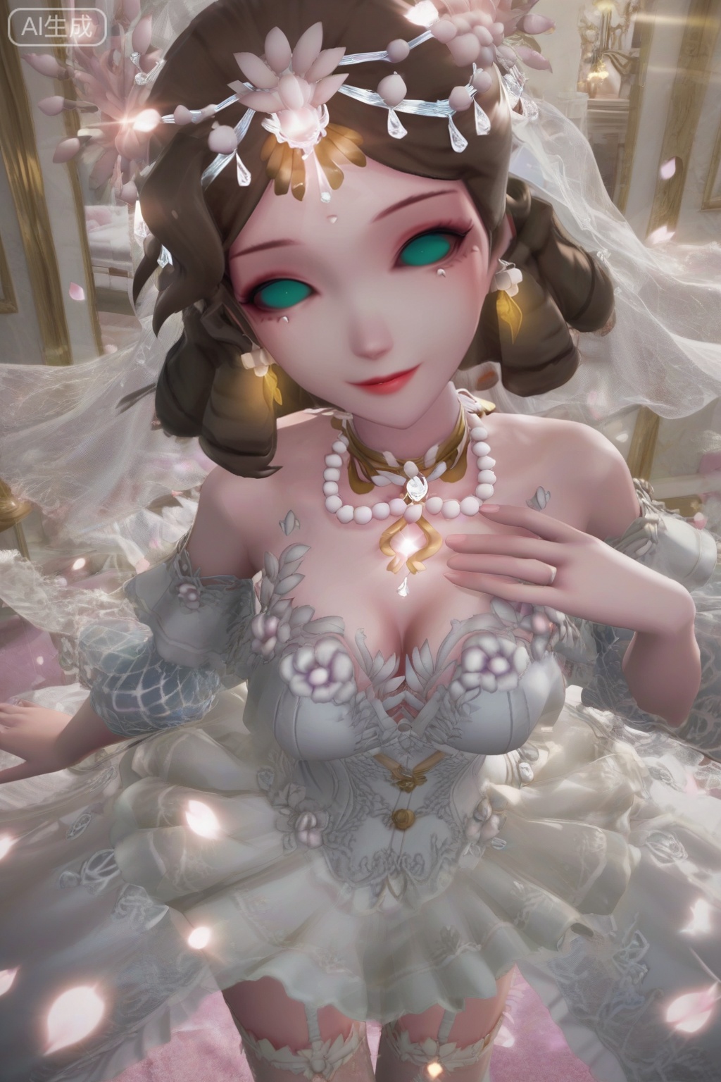 masterpiece, best quality, masterpiece,best quality,official art,extremely detailed CG unity 8k wallpaper,1girl,solo,looking at viewer,short hair,brown hair,hair ornament,bare shoulders,jewelry,green eyes,earrings,necklace,white dress,mole under eye,petals,wind,no pupils,breasts,lace,lace pantyhose,long legs,indoors,shiny,white skin,legwear garter,white garter,smile,medium breasts, cleavage,upper body,(against glass:1.2),wedding dress,hand on own chest, 