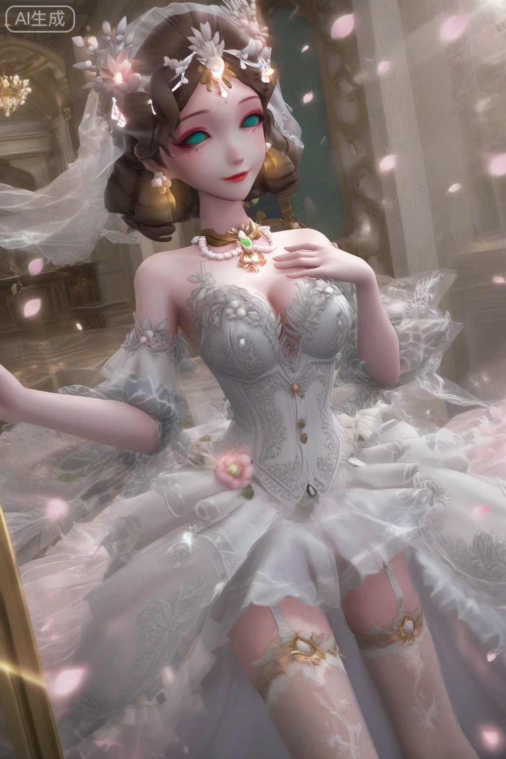 masterpiece, best quality, masterpiece,best quality,official art,extremely detailed CG unity 8k wallpaper,1girl,solo,looking at viewer,short hair,brown hair,hair ornament,bare shoulders,jewelry,green eyes,earrings,necklace,white dress,mole under eye,petals,wind,no pupils,breasts,lace,lace pantyhose,long legs,indoors,shiny,white skin,legwear garter,white garter,smile,medium breasts, cleavage,upper body,(against glass:1.2),wedding dress,hand on own chest, 