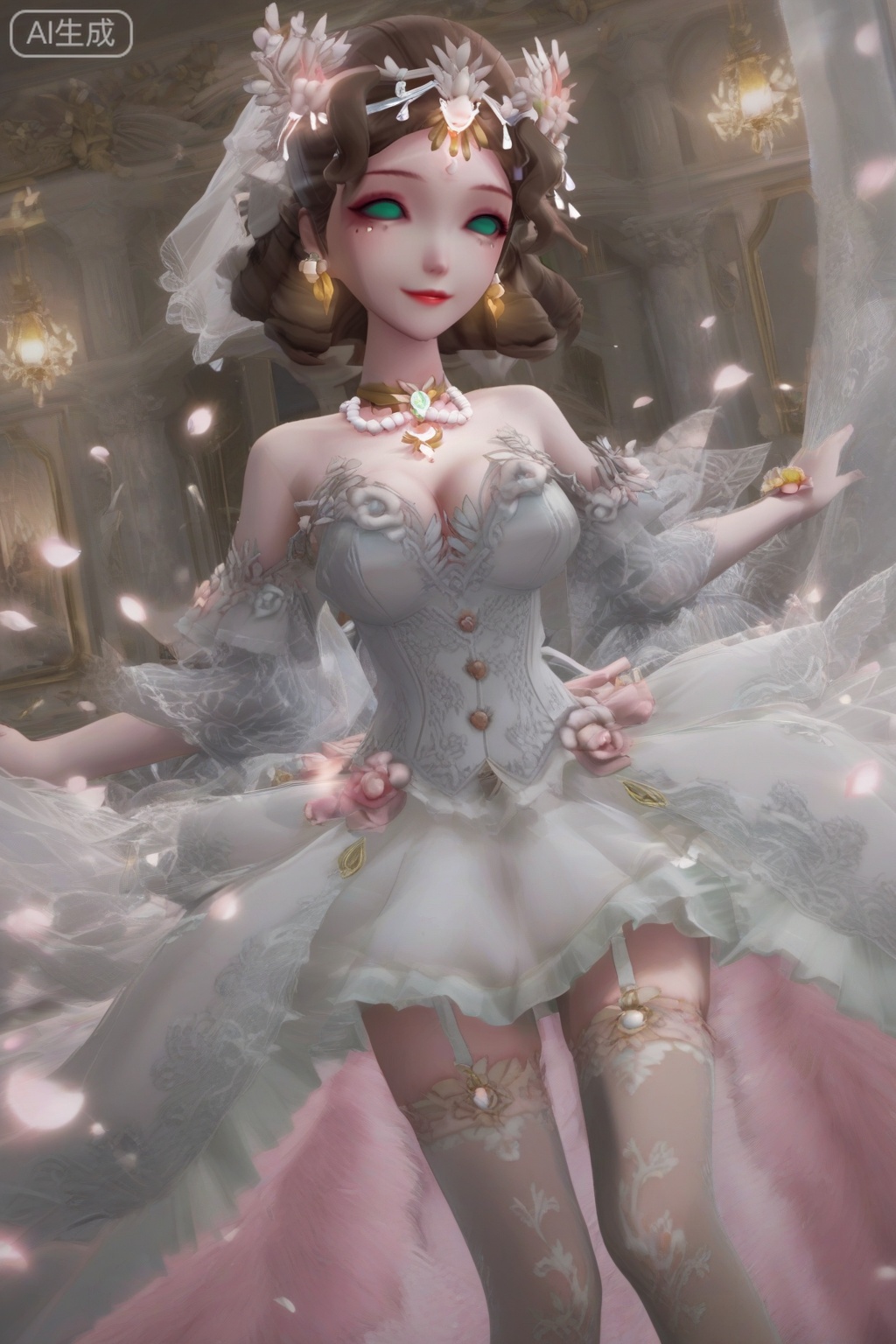 masterpiece, best quality, masterpiece,best quality,official art,extremely detailed CG unity 8k wallpaper,1girl,solo,looking at viewer,short hair,brown hair,hair ornament,bare shoulders,jewelry,green eyes,earrings,necklace,white dress,mole under eye,petals,wind,no pupils,breasts,lace,lace pantyhose,long legs,indoors,shiny,white skin,legwear garter,white garter,smile,medium breasts, cleavage,upper body,(against glass:1.2),wedding dress