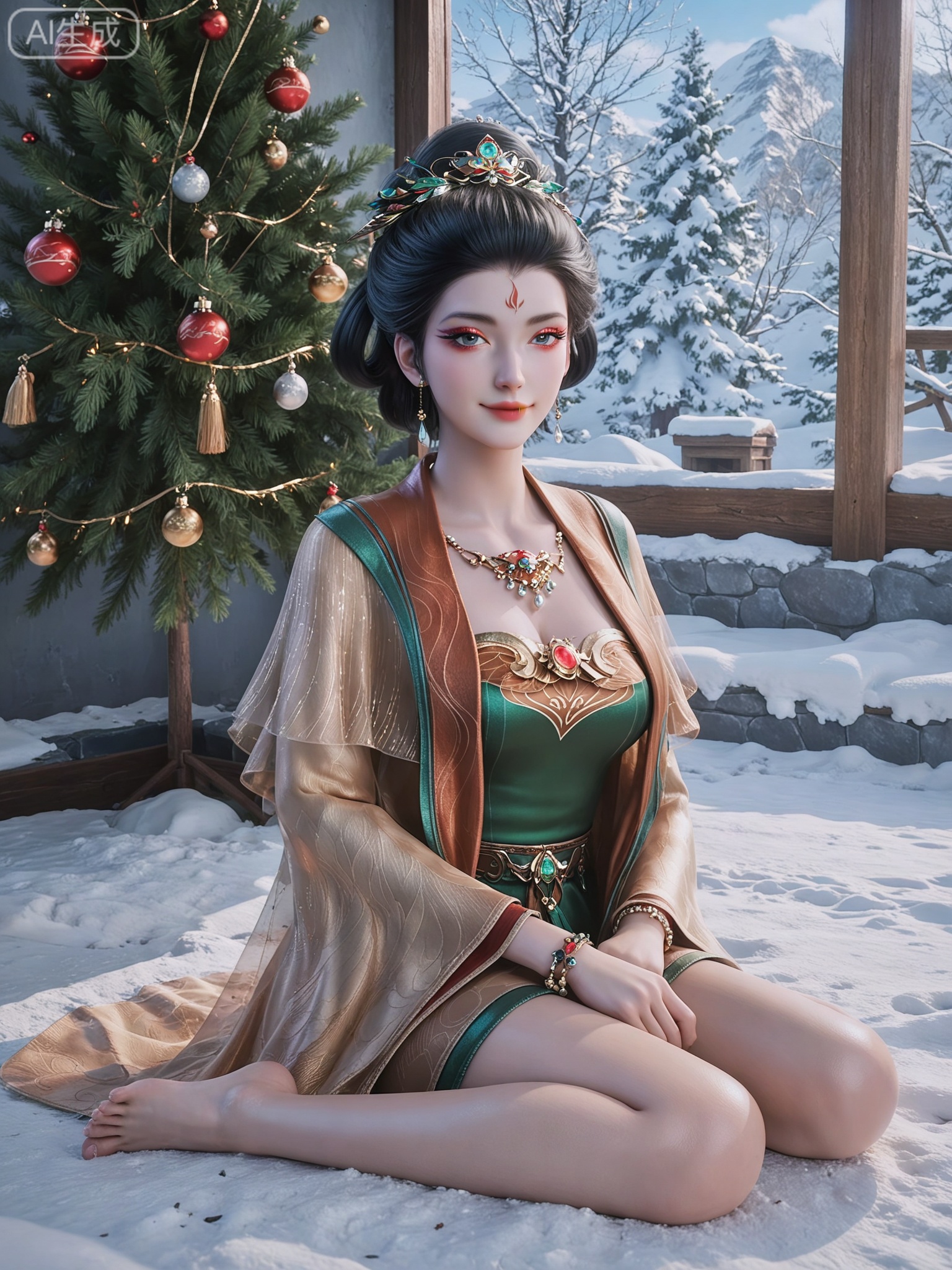 score_9,score_8_up,score_7_up,masterpiece,(best quality),(intricate details:0.9) BREAK (intricate details:0.9),(realistic skin:1.2),masterpiece,best quality,newest,absurdres,hiahres,1girl,jewelry,hair ornament,dress,necklace,lips,eyeshadow,bracelet,tassel,(8k ultra-clear, pony style),photo pose 0.6, micro-expression: soft smile 0.3, half-body + medium shot 0.7,1girl,looking_at_viewer,1boy,hair,realistic,photorealistic,Vivid Colors,bright environment,shiny skin,shiny hairjewelry,detail eyes,Eyes highlights,glowing,sunshine,bright,reflection,bright,sunshine on face,shiny,shinny,petite,thin,leg slimming,lose weight,slim hips,lakeside,delicate water,reflection,(full body:1.3)sitting_down,eyelashes,snow,Winter,Snowy landscape,Snow accumulation,Christmas tree,(huge breasts:1),black hair,