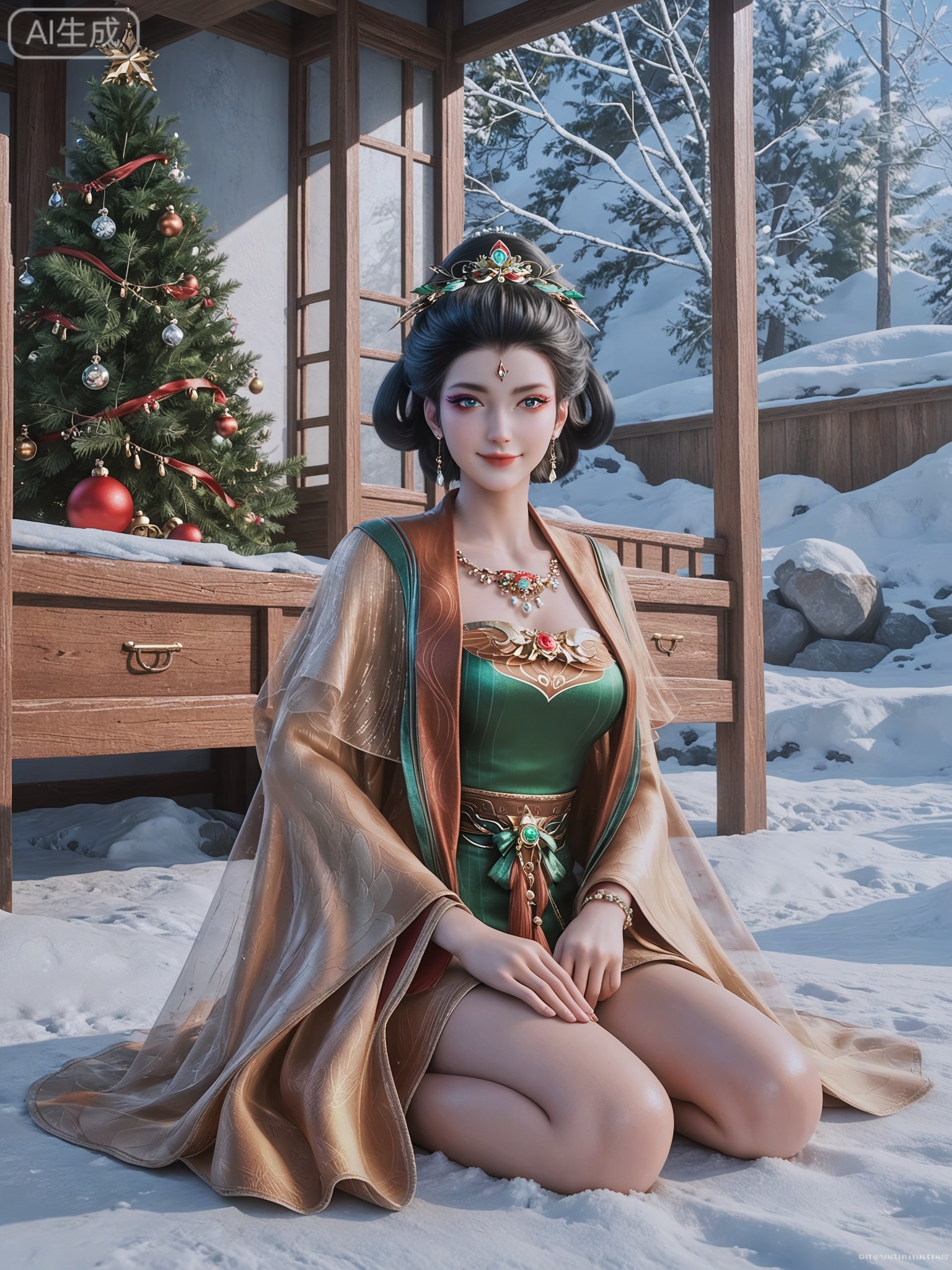 score_9,score_8_up,score_7_up,masterpiece,(best quality),(intricate details:0.9) BREAK (intricate details:0.9),(realistic skin:1.2),masterpiece,best quality,newest,absurdres,hiahres,1girl,jewelry,hair ornament,dress,necklace,lips,eyeshadow,bracelet,tassel,(8k ultra-clear, pony style),photo pose 0.6, micro-expression: soft smile 0.3, half-body + medium shot 0.7,1girl,looking_at_viewer,1boy,hair,realistic,photorealistic,Vivid Colors,bright environment,shiny skin,shiny hairjewelry,detail eyes,Eyes highlights,glowing,sunshine,bright,reflection,bright,sunshine on face,shiny,shinny,petite,thin,leg slimming,lose weight,slim hips,lakeside,delicate water,reflection,(full body:1.3)sitting_down,eyelashes,snow,Winter,Snowy landscape,Snow accumulation,Christmas tree,(huge breasts:1),black hair,