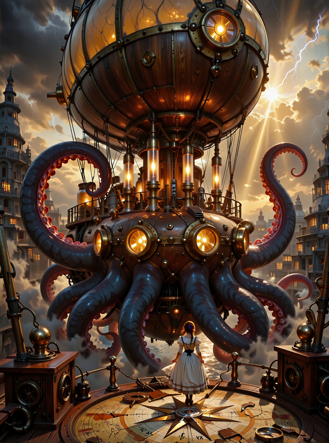 A colossal steampunk airship kraken constructed of brass,  mahogany,  and glowing vacuum tubes on Tensor.Art