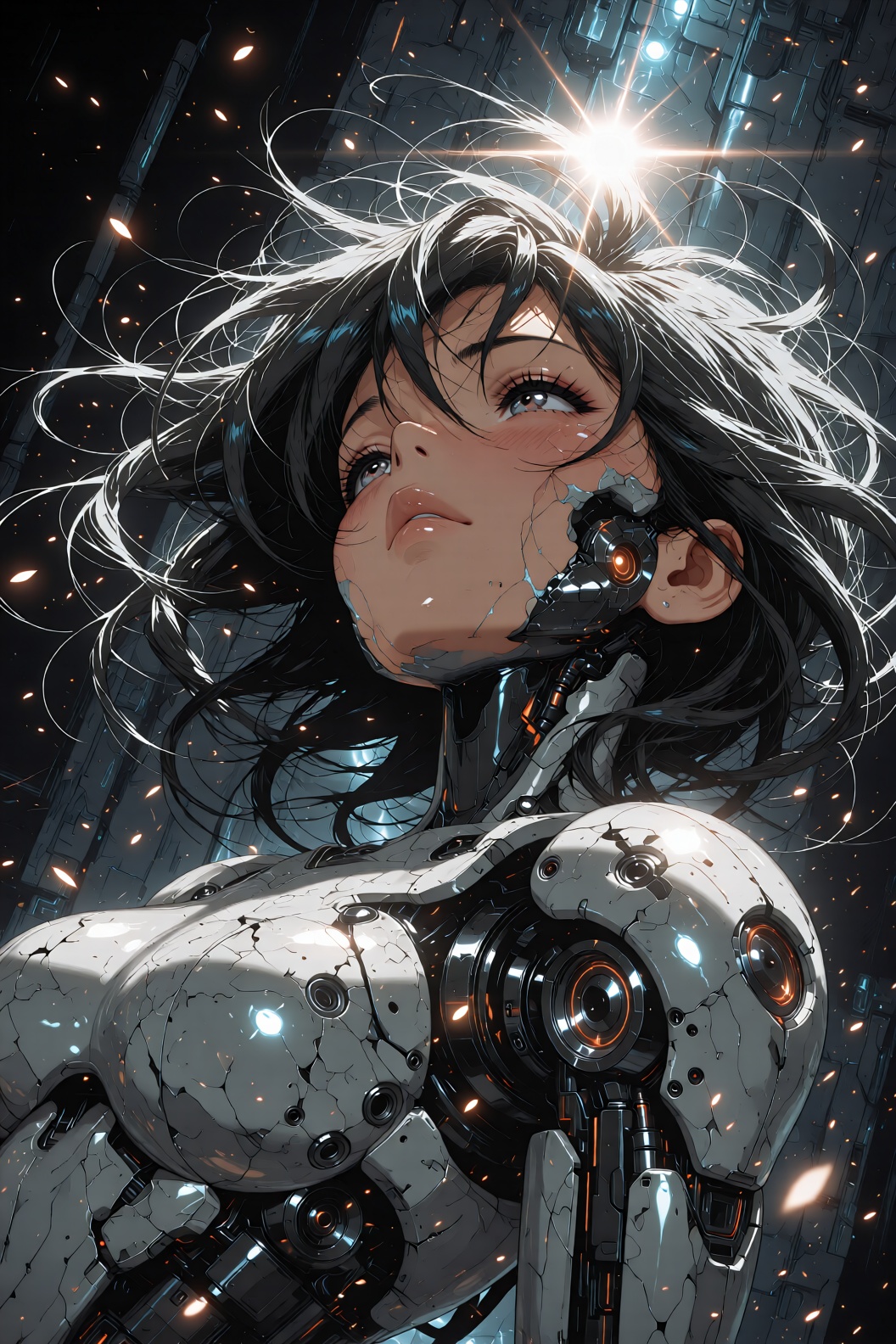 A medium-haired girl made of intricate machinery,  drawn with extremely fine lines. The illustration has a hand-drawn feel...