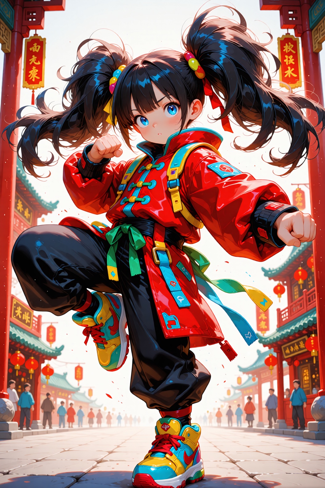 A dynamic action pose of a young kung fu girl,  standing on one leg. She has long,  voluminous black hair styled into two...