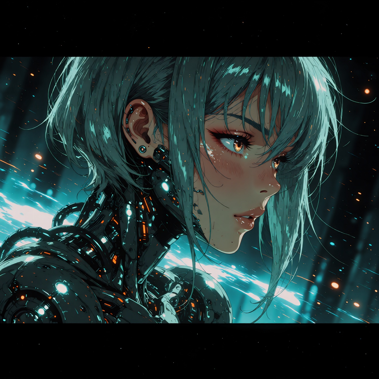 A short-length straight-haired girl made of intricate machinery,  drawn with extremely fine lines. The illustration has ha...