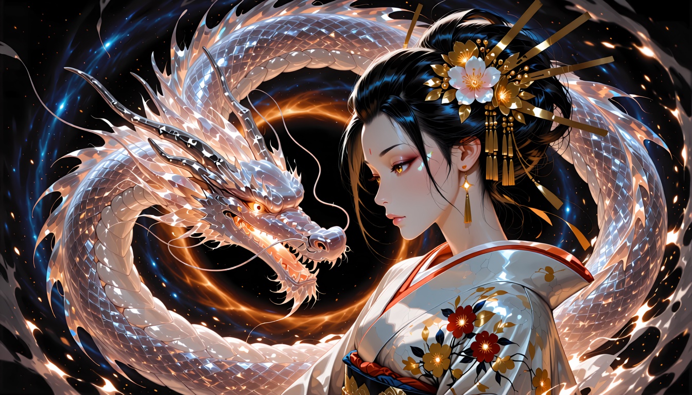An ethereal fusion of a traditional Japanese kimono-clad woman adorned with exquisite floral and gold ornaments,  her pres...