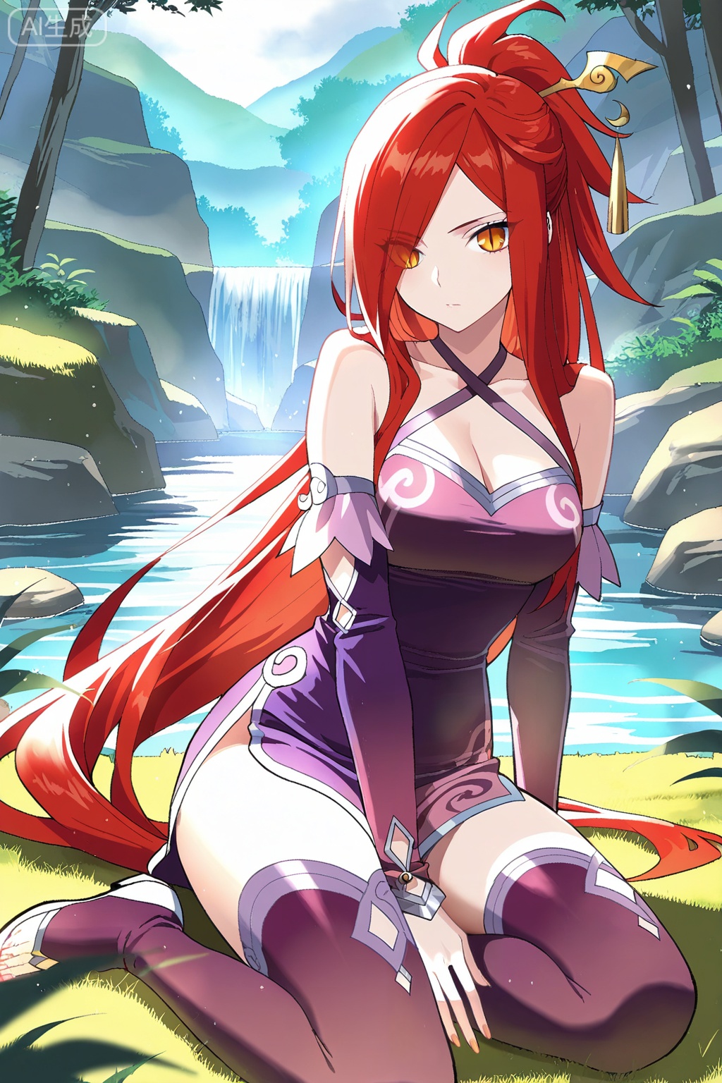 彩灵,masterpiece,best quality,official art,extremely detailed CG unity 8k wallpaper,1girl, solo, slit pupils, yellow eyes, orange eyes, very long hair, red hair, ponytail, hair over one eye, eyes visible through hair,purple dress, detached sleeves, purple thighhighs, toeless legwear, bare shoulders, cleavage, criss-cross halter, collarbone,chinese clothes, dress, detached sleeves, bare shoulders, hair ornament, purple thighhighs, purple boots
