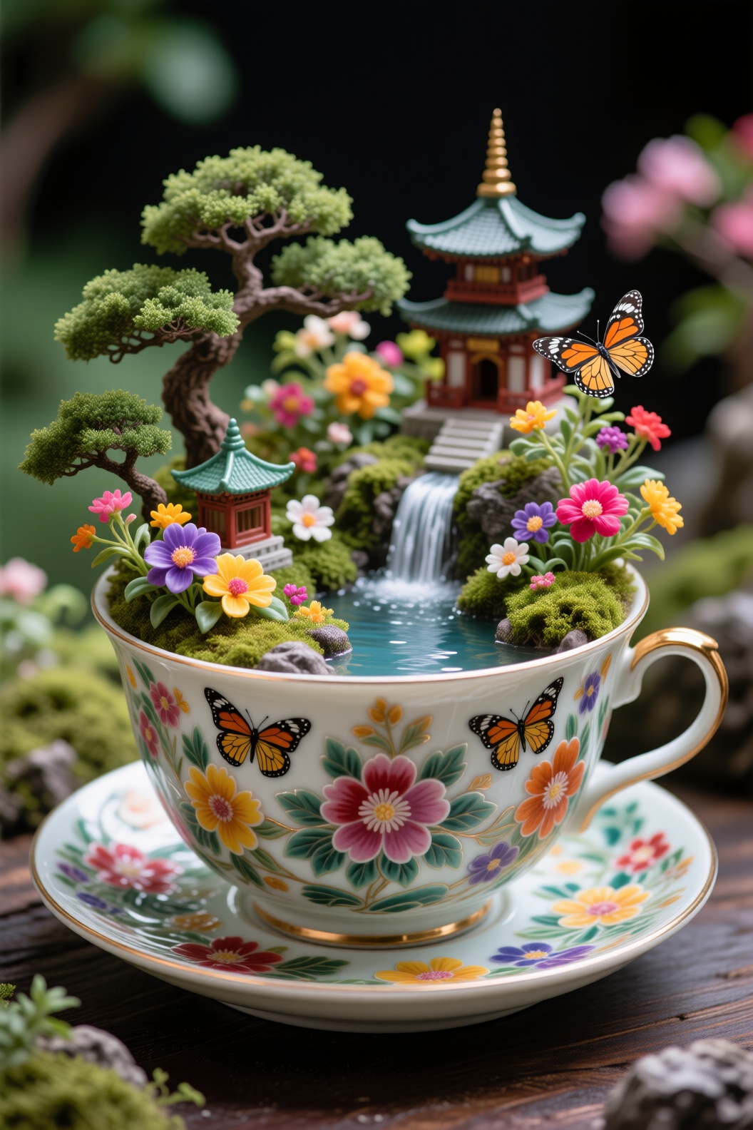 detailed intricate ceramic teacup with miniature japanese garden,  lush colorful flowers,  bonsai trees on Tensor.Art