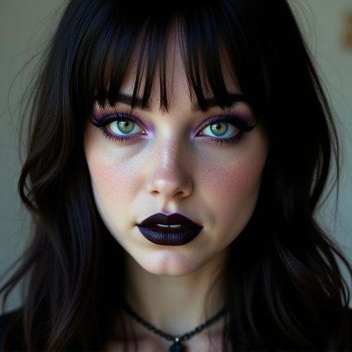 with bangs framing her face. Her skin is pale with a subtle,  dark brown hair styled in loose waves cascading over her sho...