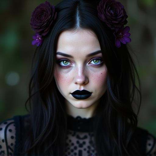 edgy makeup style. She has long,  and her lips are painted a bold,  featuring a scattering of freckles across her cheeks....