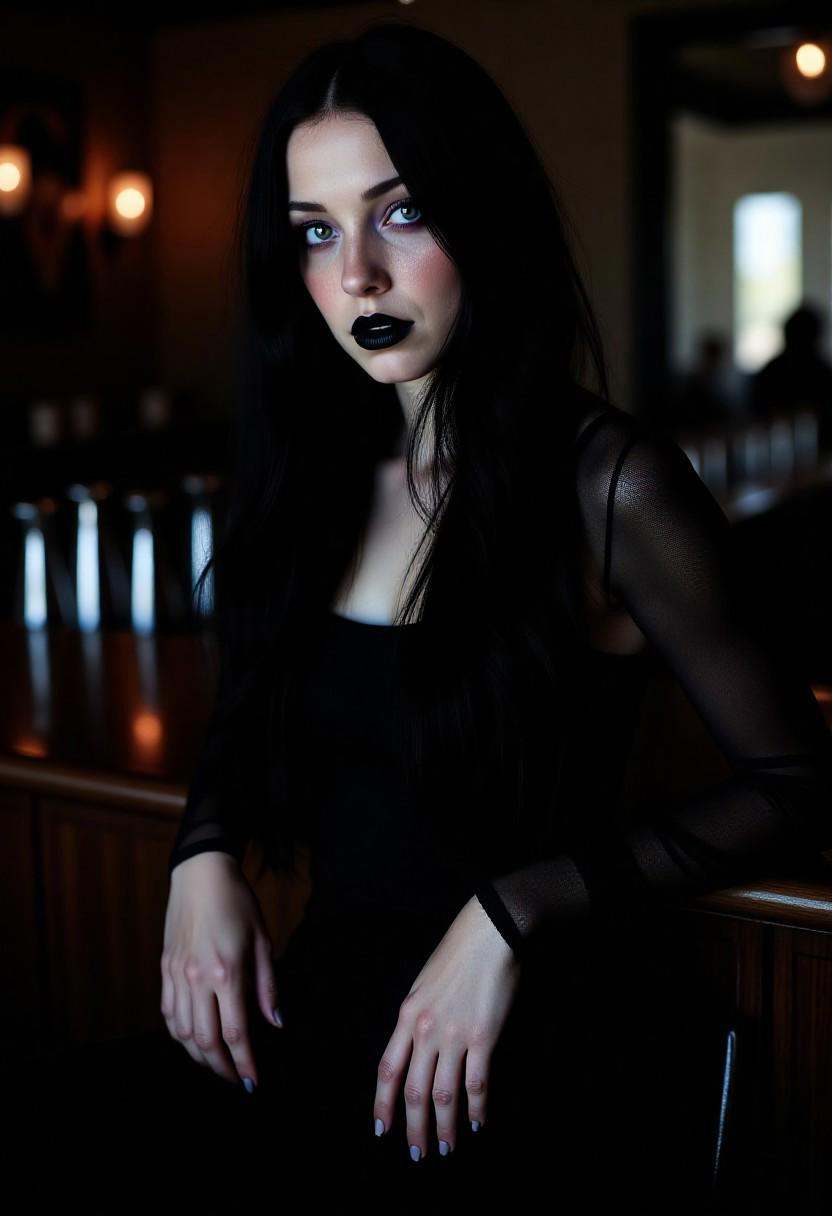 Editorial fashion photography,  waist-up composition. An ***** woman with **pale skin**,  **long raven-black hair** on Ten...