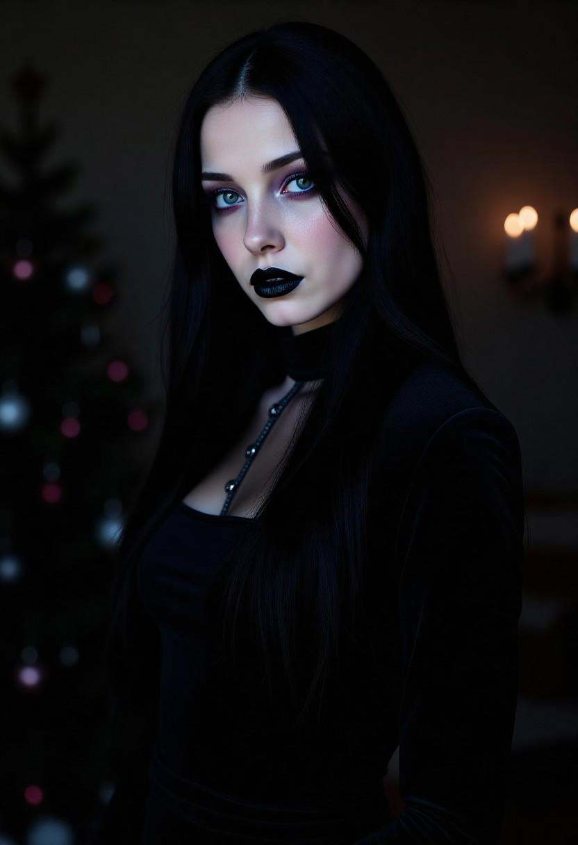 High-quality editorial photography portrait of **br4nn4f0xx**,  an ***** woman with **pale porcelain skin**,  **long raven...