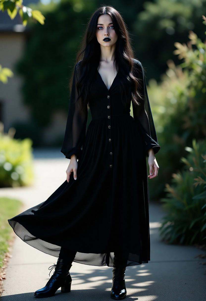 Outdoor editorial photography portrait of an ***** woman with **pale skin**,  **long raven-black hair**,  and **striking b...