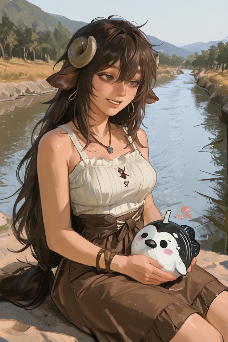 (sitting beside a prehistoric river,  holding a big inflated pufferfish with both hands,  eyes sparkling with excitement o...