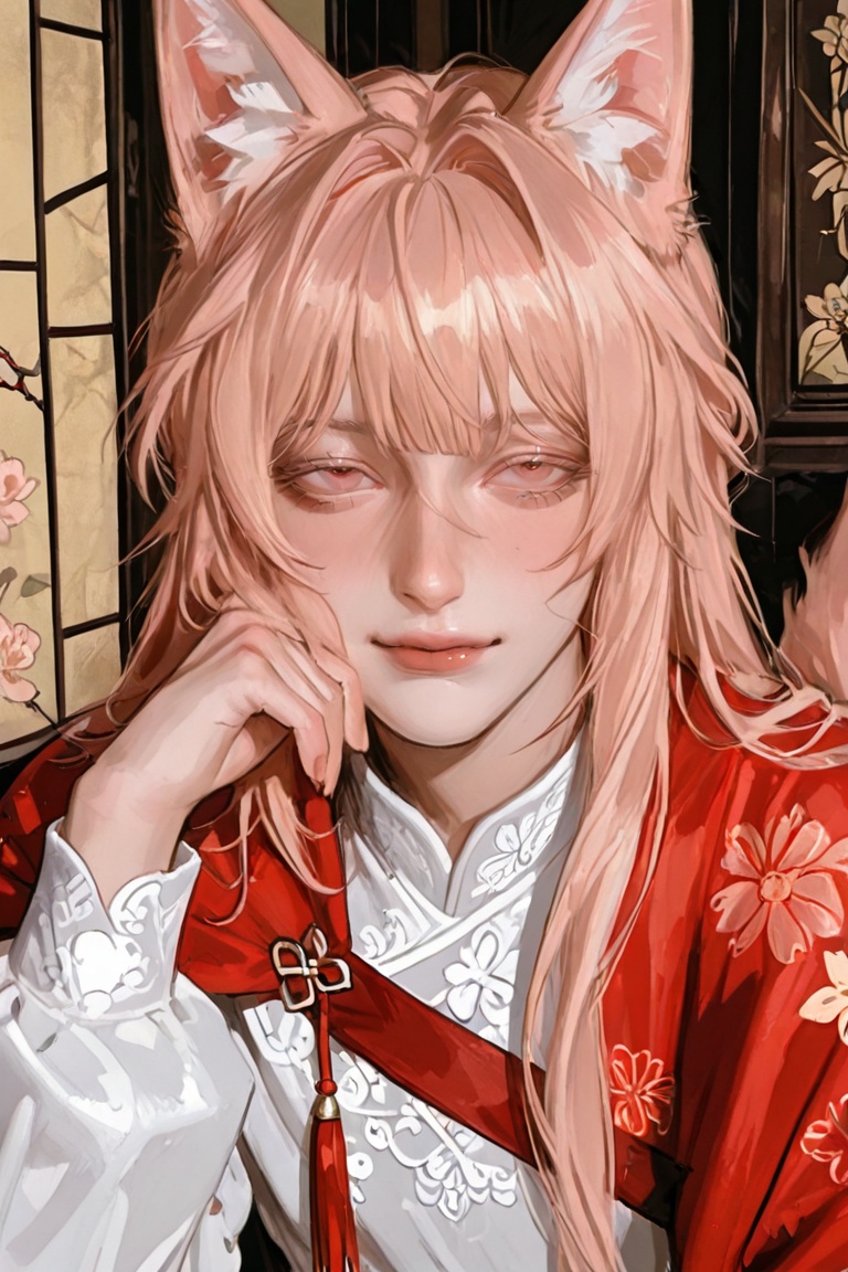 ((1Man)),  animal_ear_fluff animal_ears aqua_ribbon cape chinese_clothes closed_eyes closed_mouth fox_ears fox_tail hair_b...