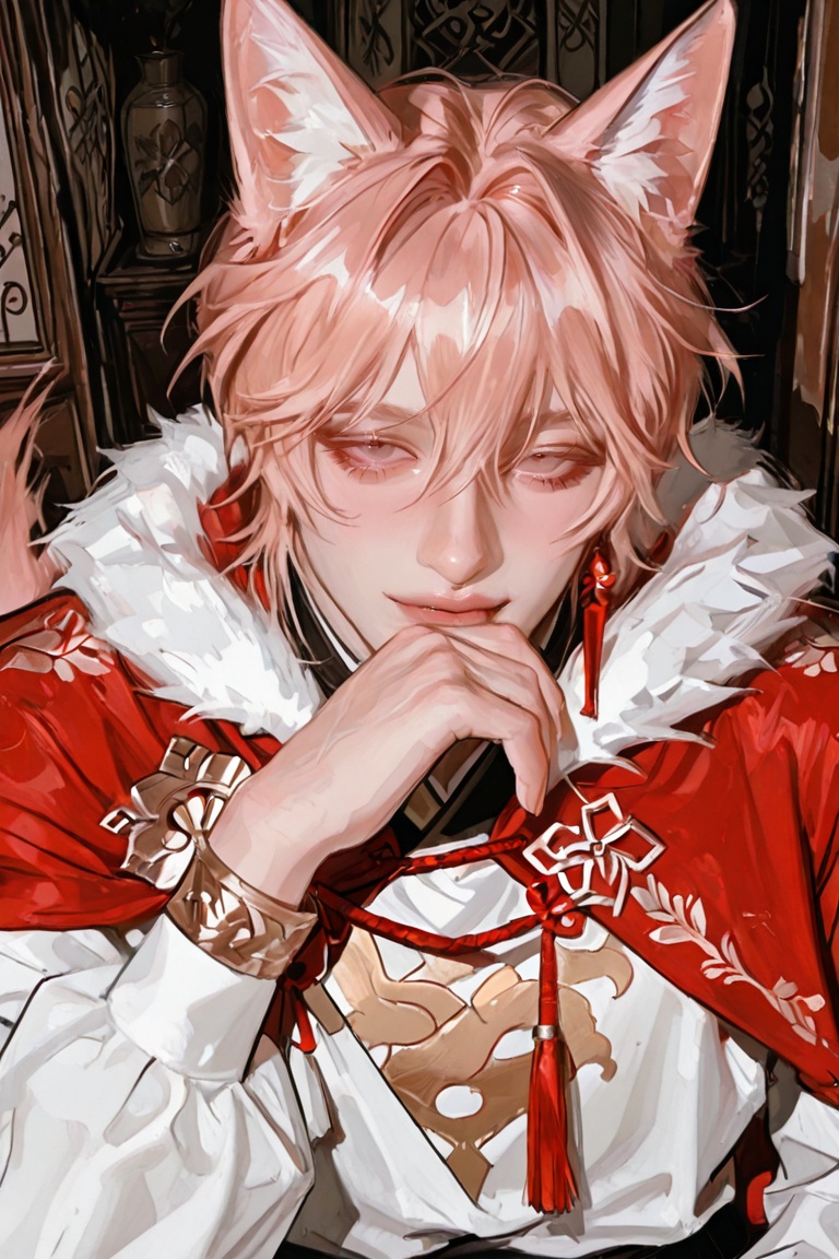 ((1Man)),  animal_ear_fluff animal_ears aqua_ribbon cape chinese_clothes closed_eyes closed_mouth fox_ears fox_tail hair_b...