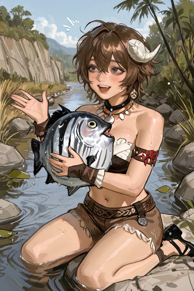 1girl,  female focus,  (sitting beside a prehistoric river on Tensor.Art
