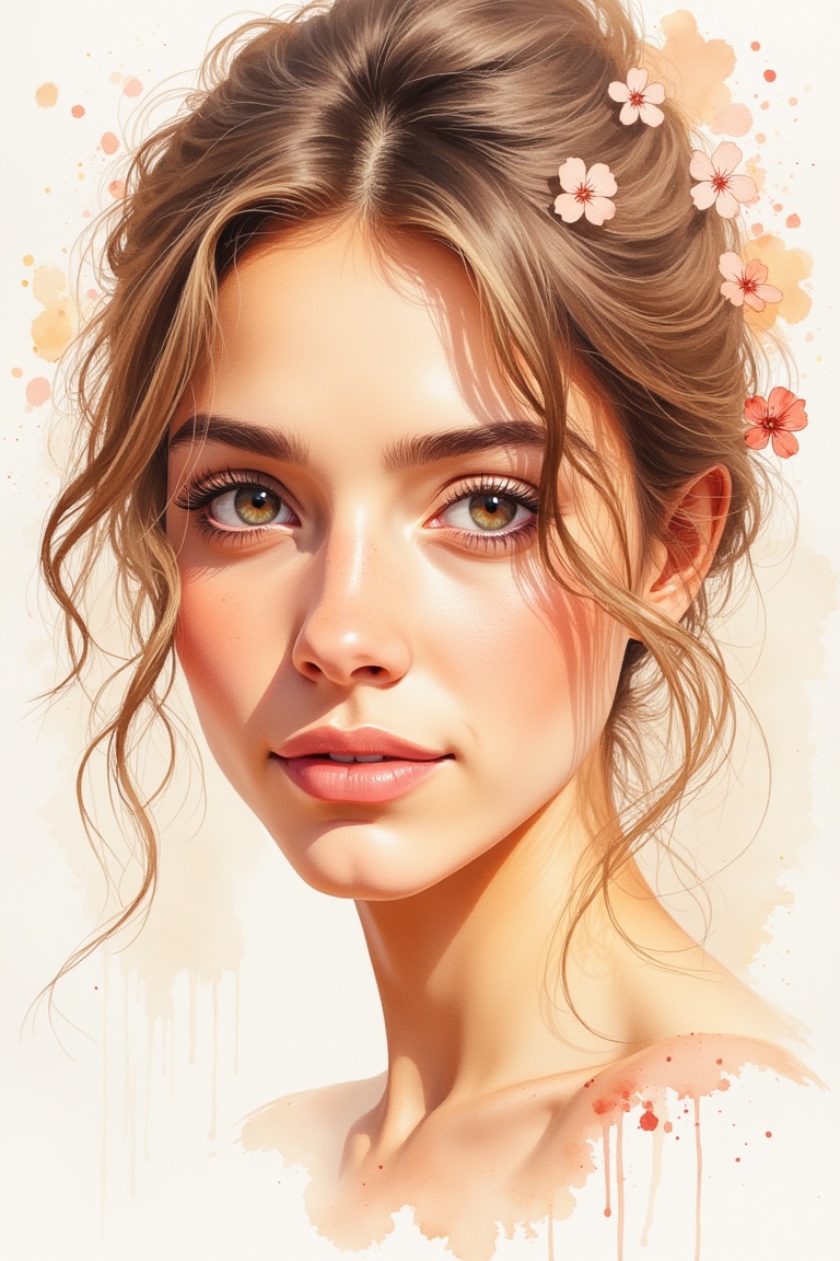 annrin_watercolor,  expressive watercolor portrait,  close-up of a woman with gentle eyes on Tensor.Art