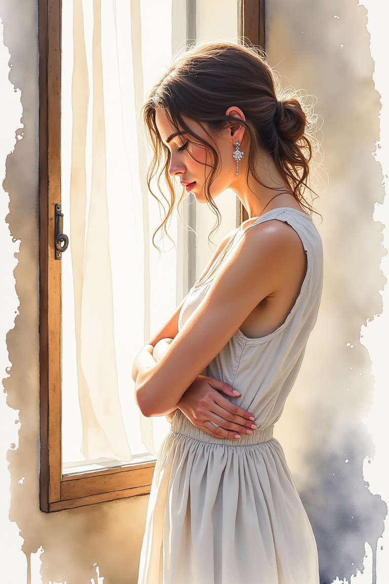 annrin_watercolor,  watercolor illustration of a woman standing near a window,  facing sideways with arms crossed gently o...